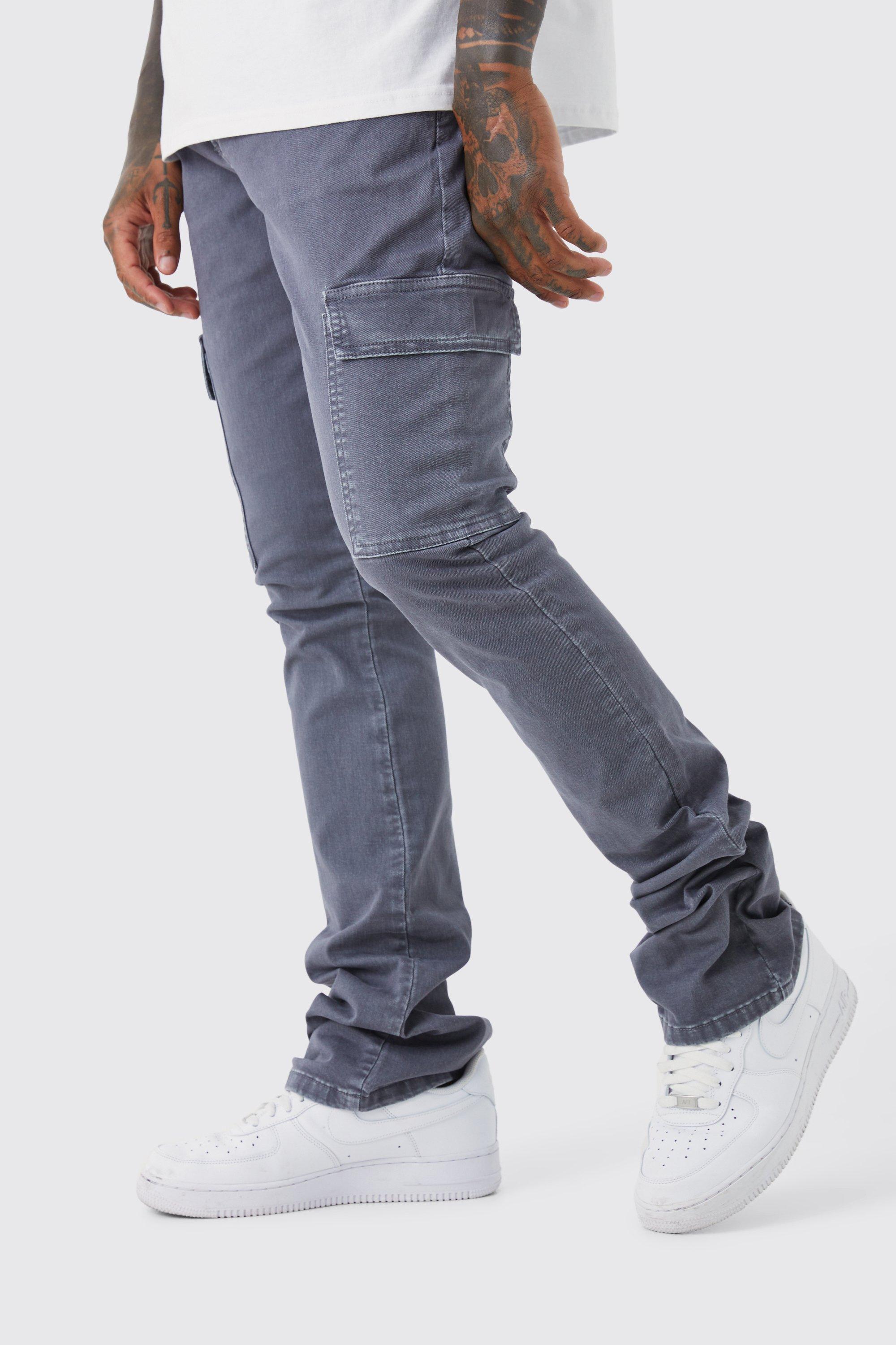 Mens Grey Skinny Stacked Flare Overdye Cargo Trouser, Grey