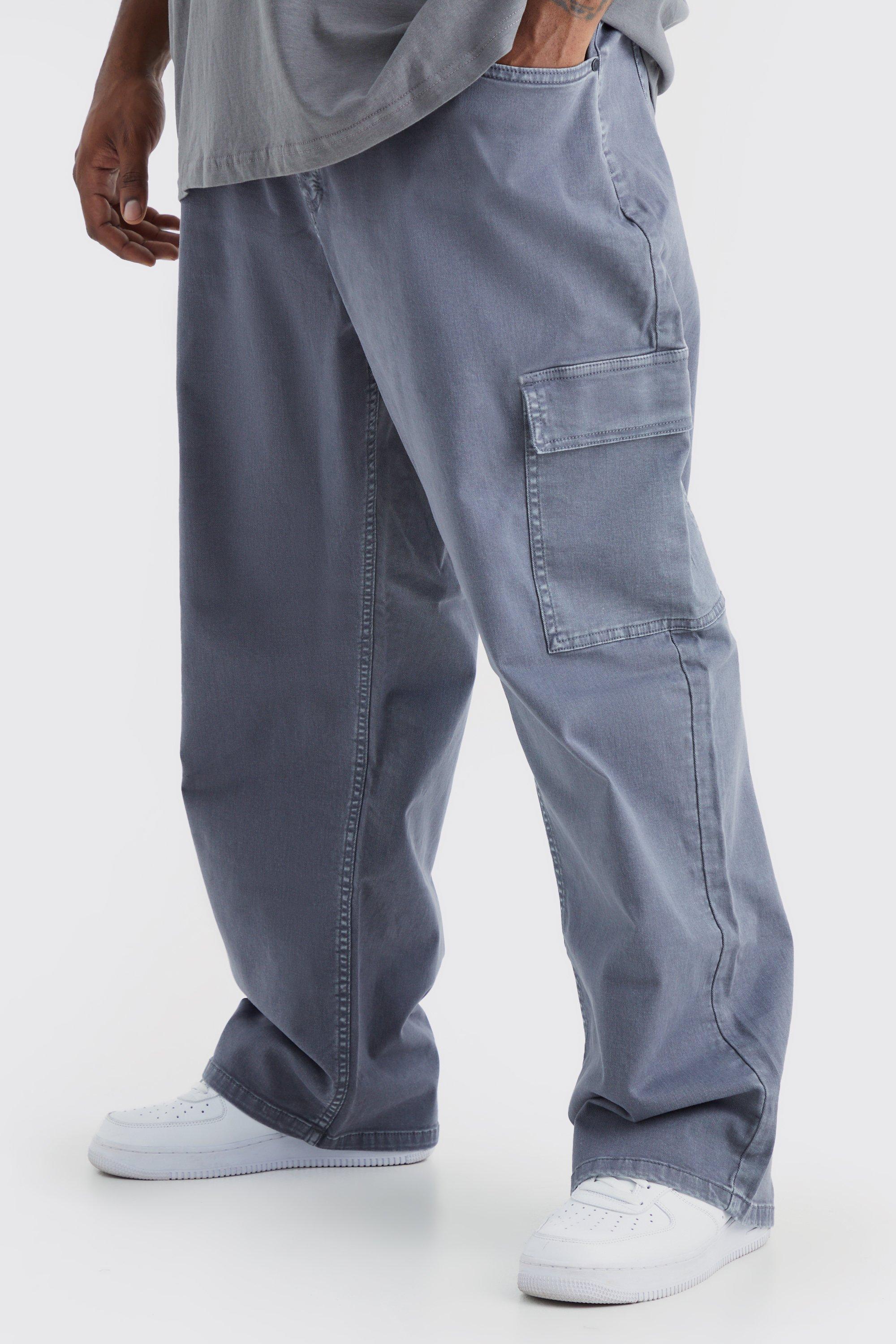 Mens Grey Plus Relaxed Overdye Cargo Trouser, Grey