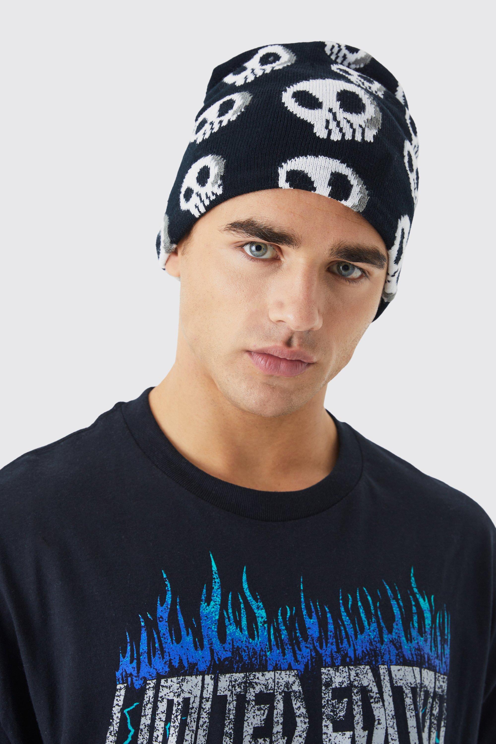 Mens Black Skull Pattern Jacquard Beanie, Black