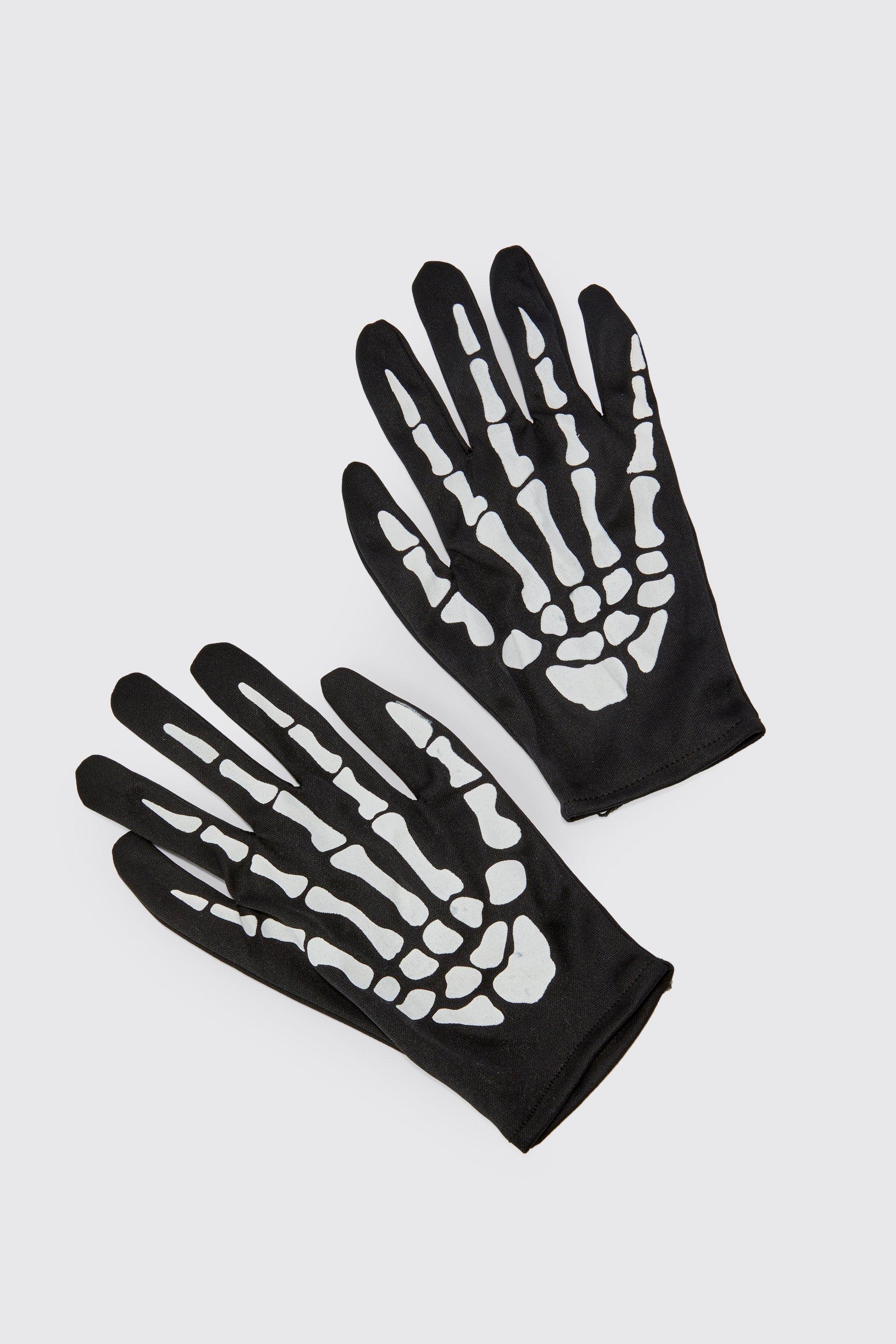 Mens Black Skeleton Print Gloves, Black