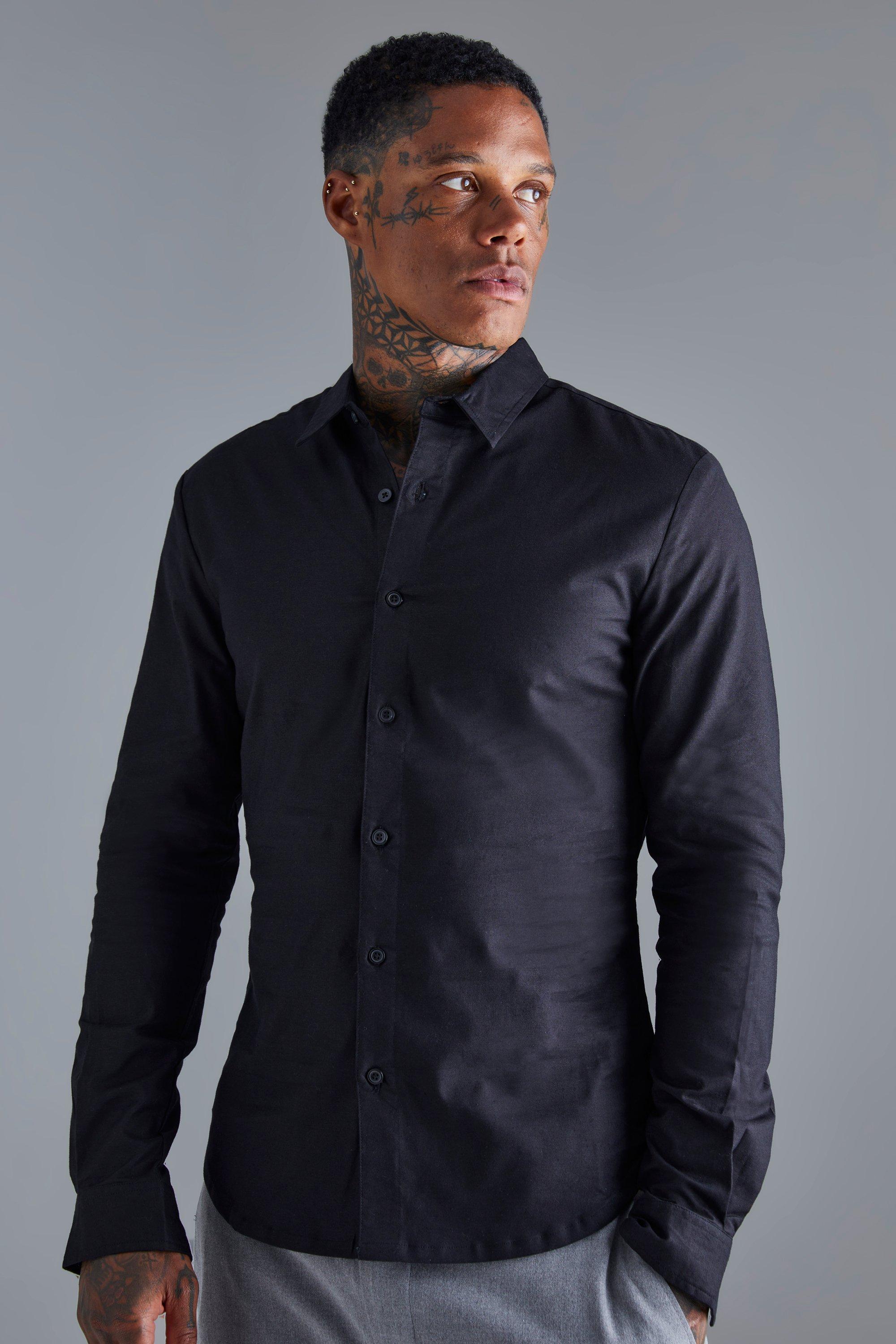 Mens Black Long Sleeve Stretch Fit Shirt, Black