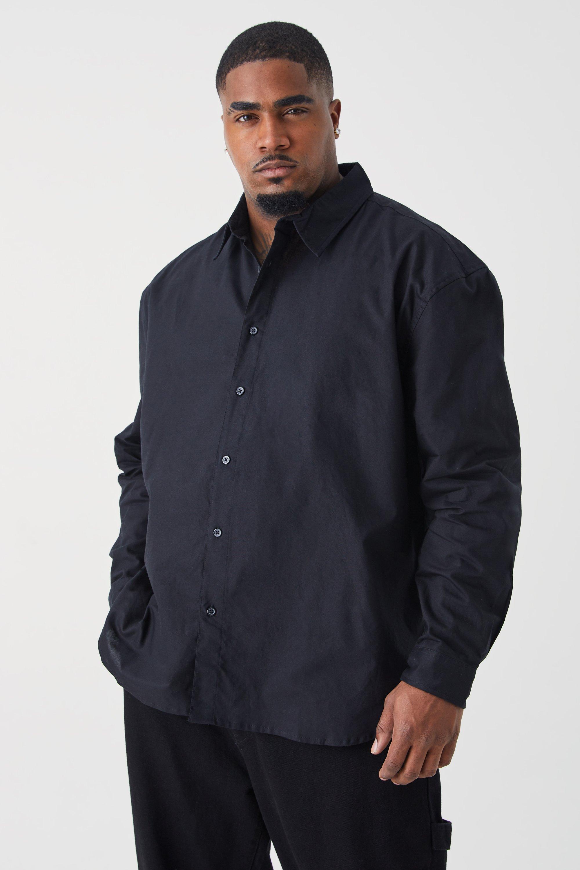 Mens Black Plus Size Relaxed Fit Long Sleeve Oxford Shirt, Black