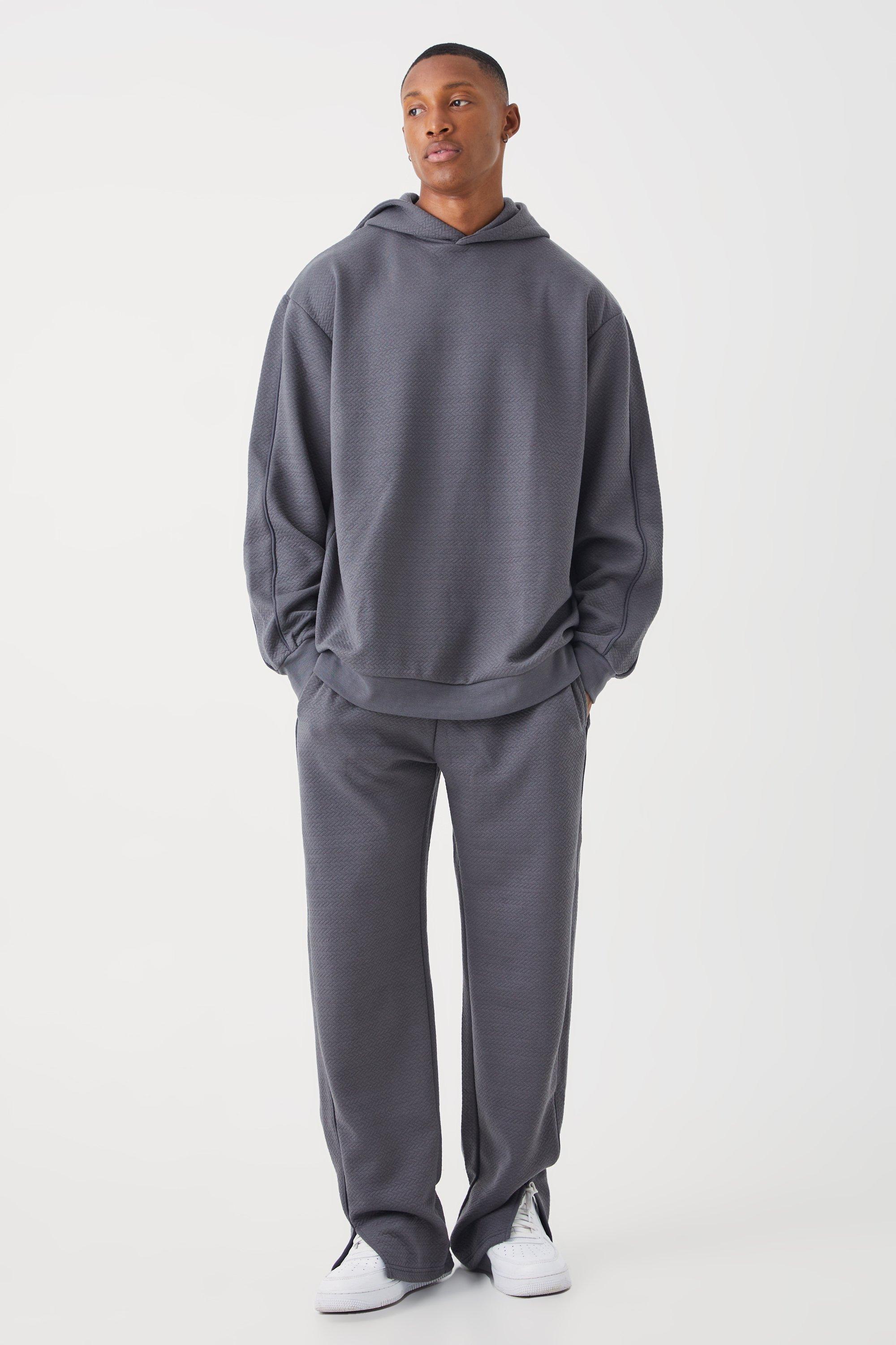 Mens Grey Oversized Heavy Textured Hooded Tracksuit, Grey