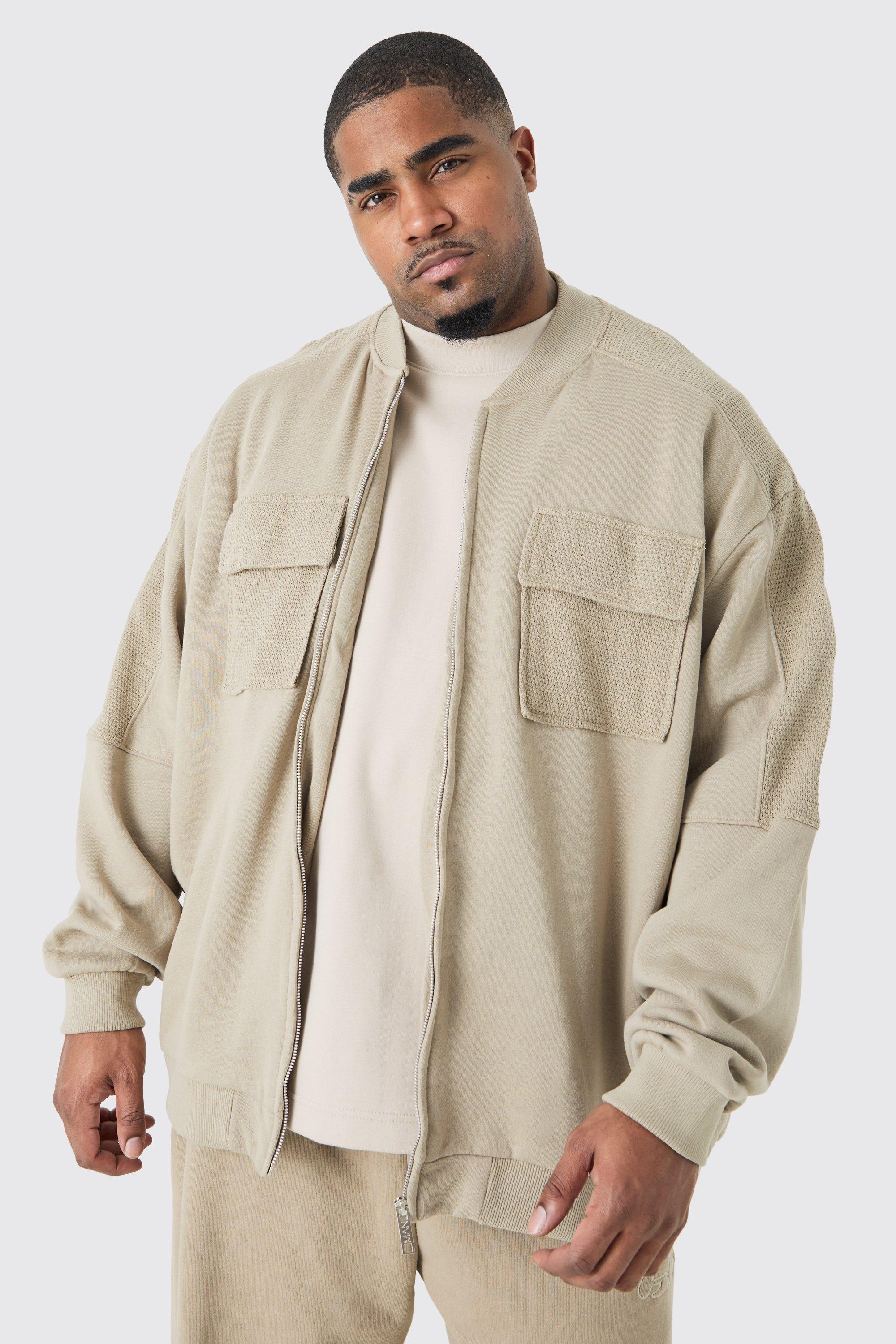 Mens Beige Plus Oversized Boxy Textured Pocket Bomber Jacket, Beige