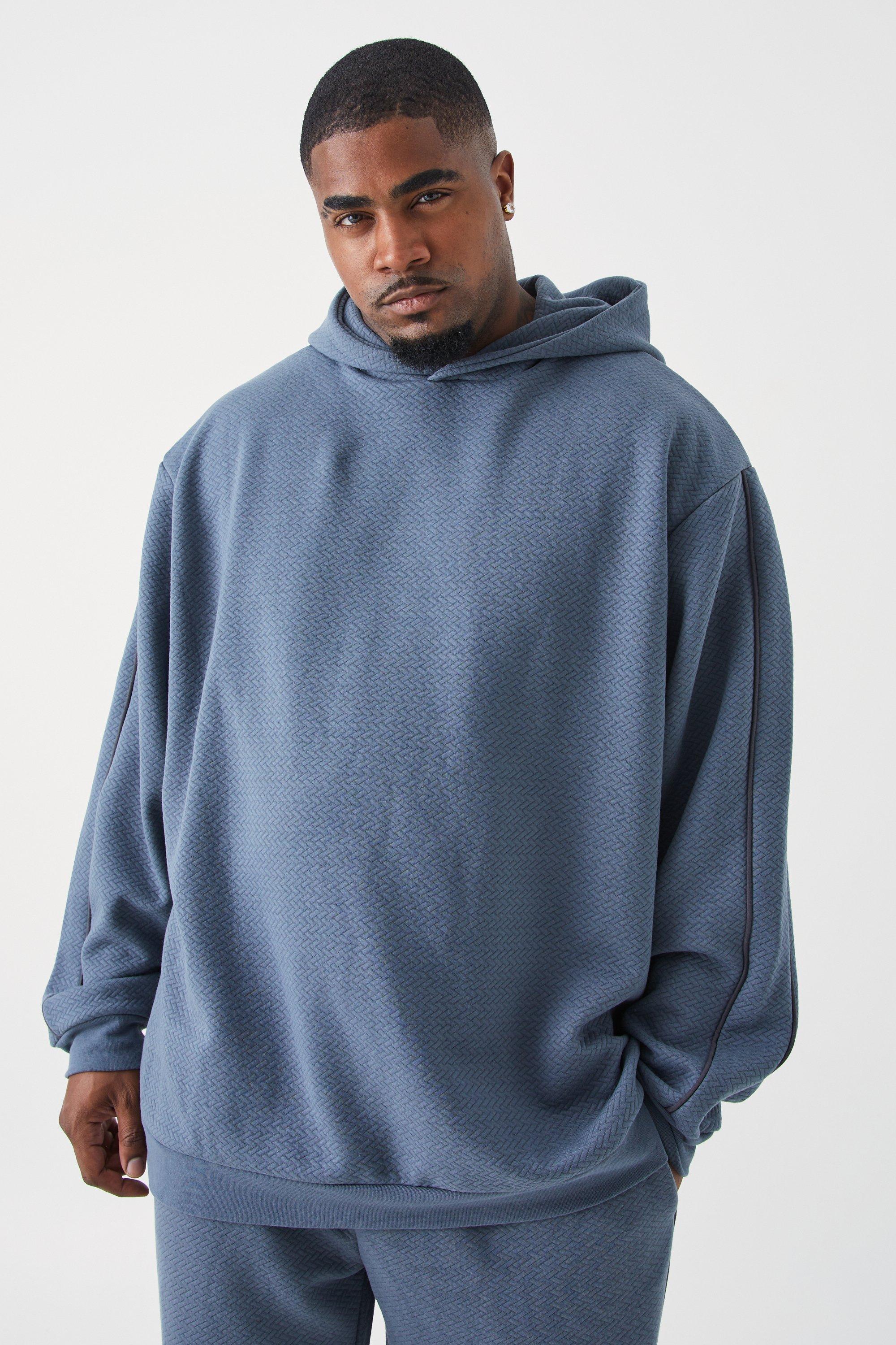 Mens Grey Plus Oversized Heavy Textured Pipped Hoodie, Grey