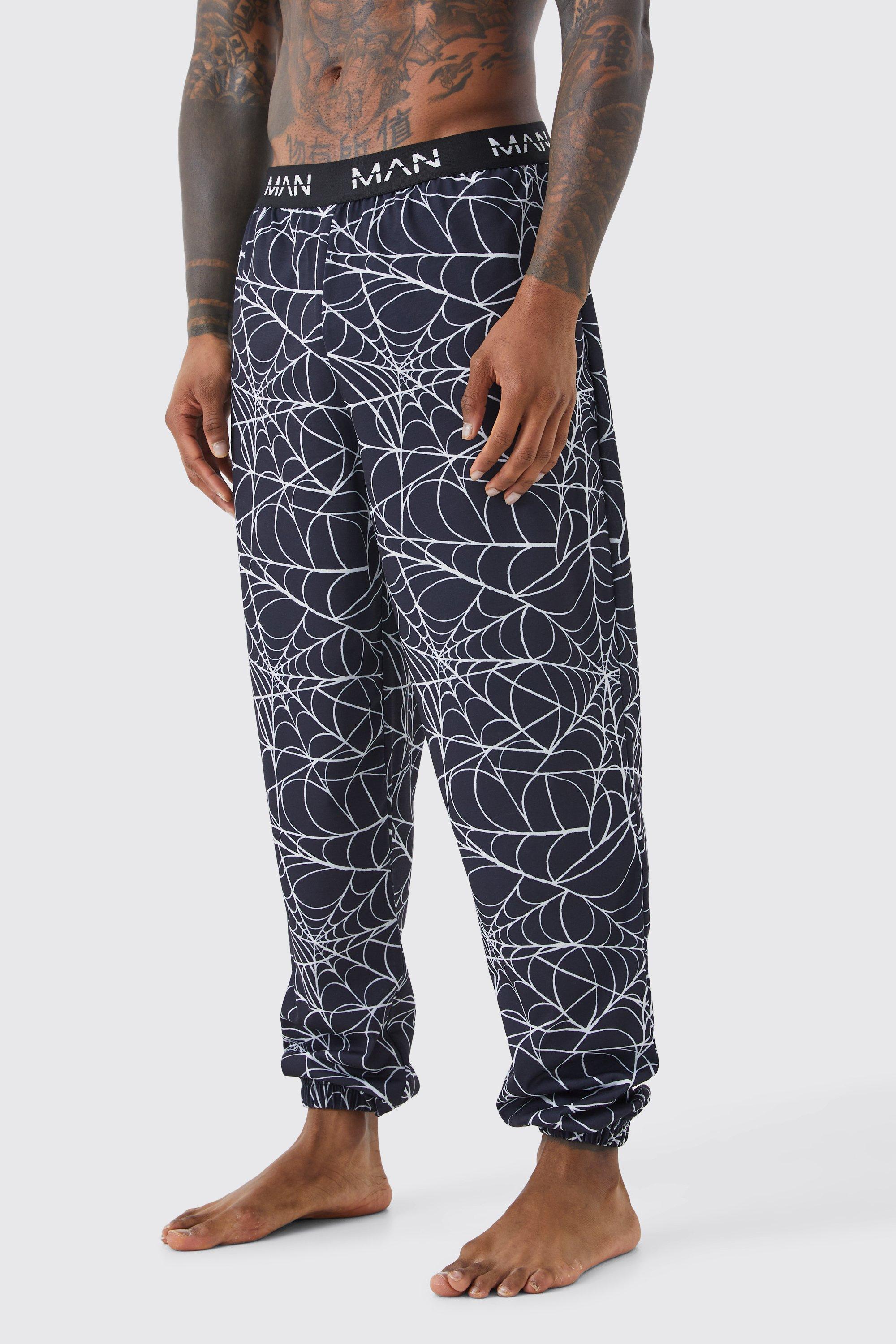Mens Black Halloween Spider Web Print Lounge Joggers, Black