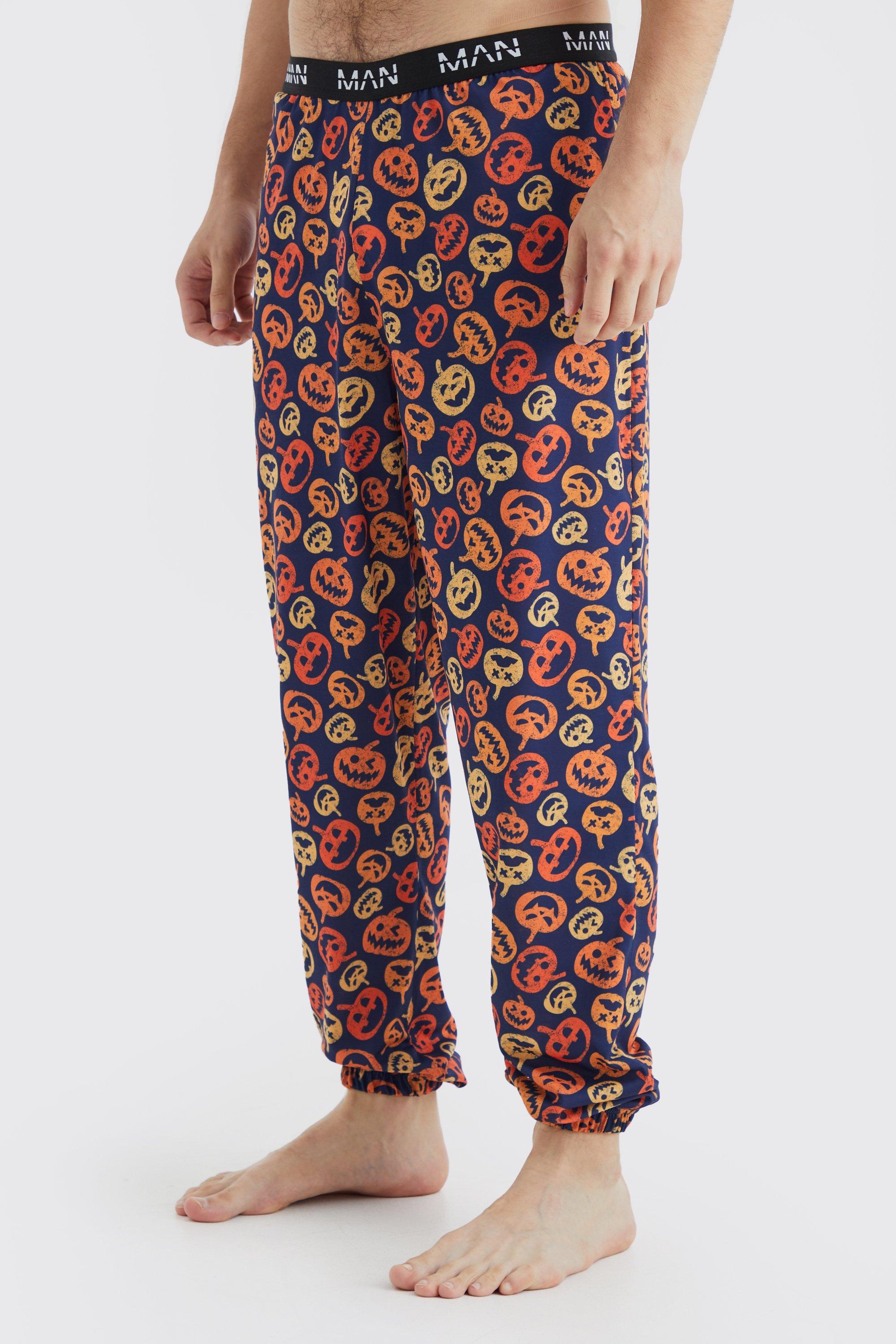 Mens Navy Tall Halloween Pumpkin Print Lounge Joggers, Navy