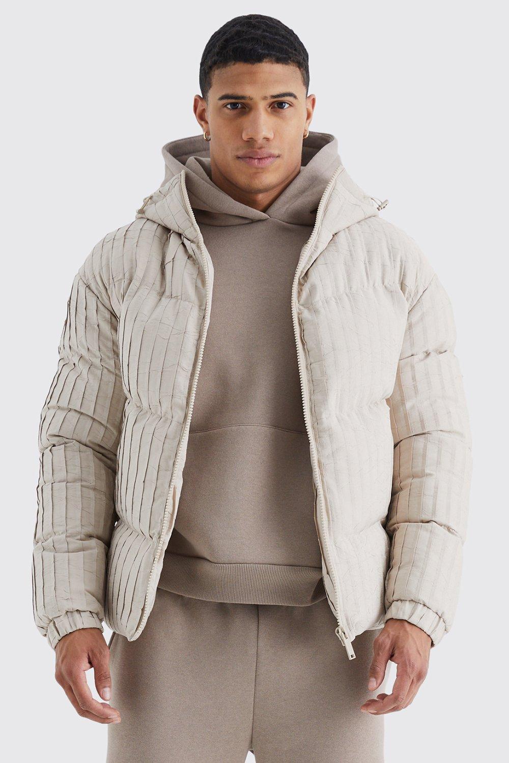 Mens Stone Pleated Puffer With Hood
