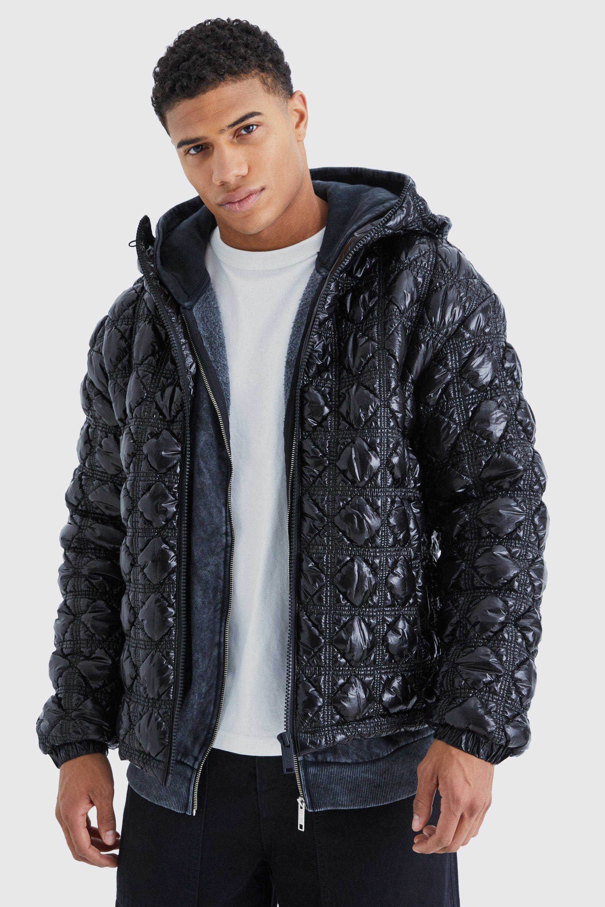 Mens Black High Shine Bubble Texture Puffer, Black