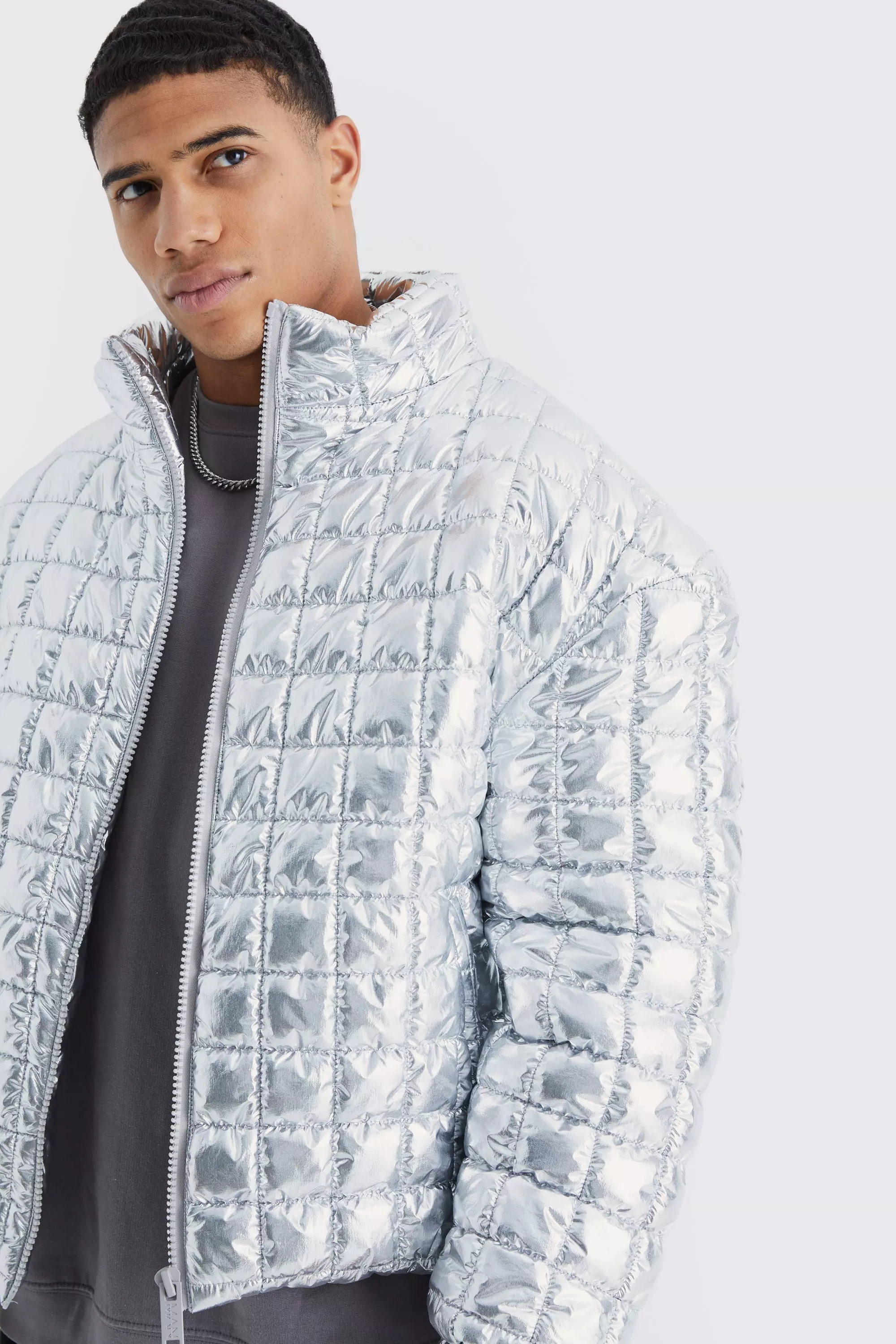 Silver puffer hot sale jacket mens