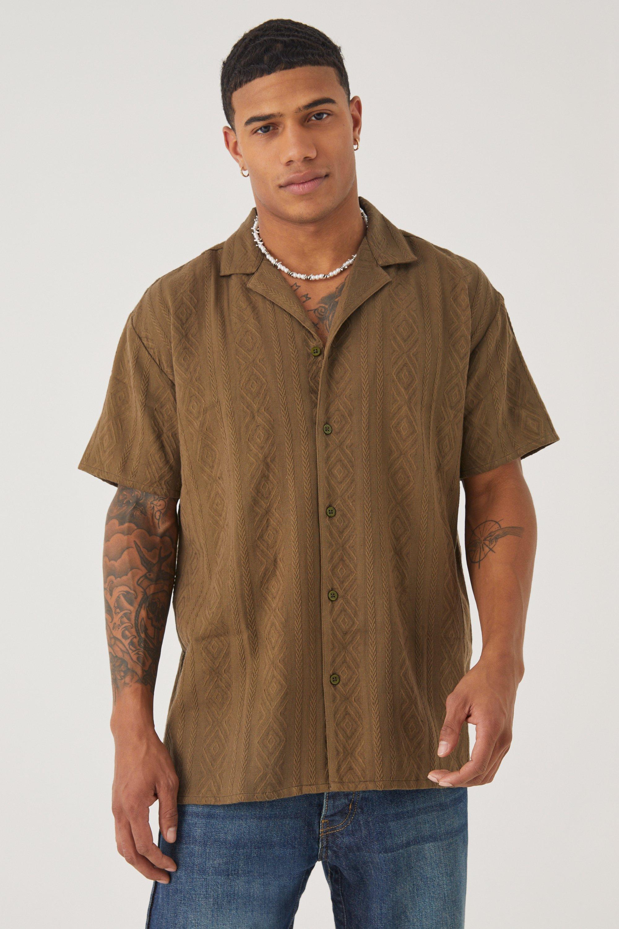Mens Green Short Sleeve Oversized Tonal Aztec Shirt, Green