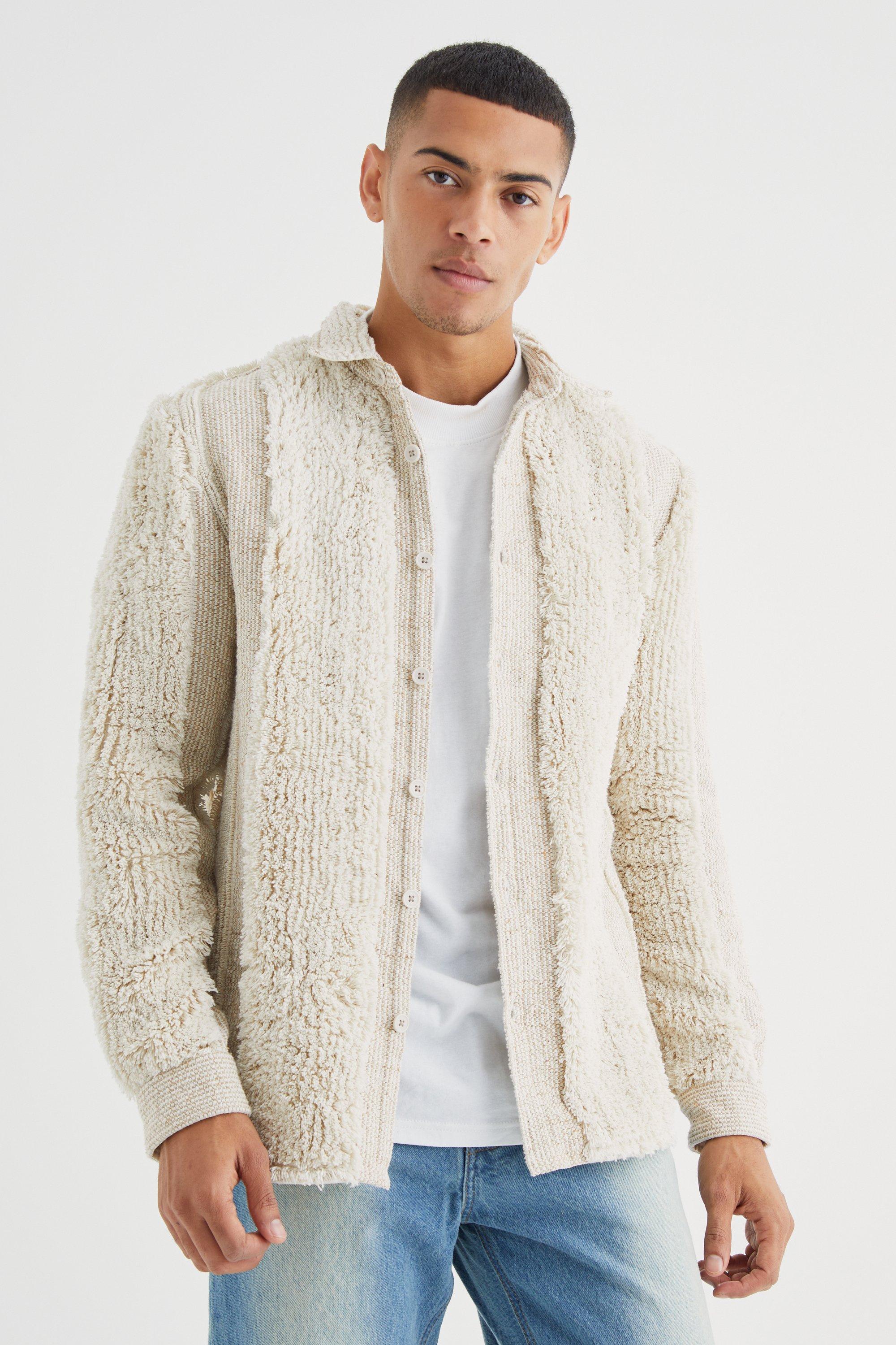 Mens Cream Long Sleeve Heavyweight Fringe Textured Overshirt, Cream