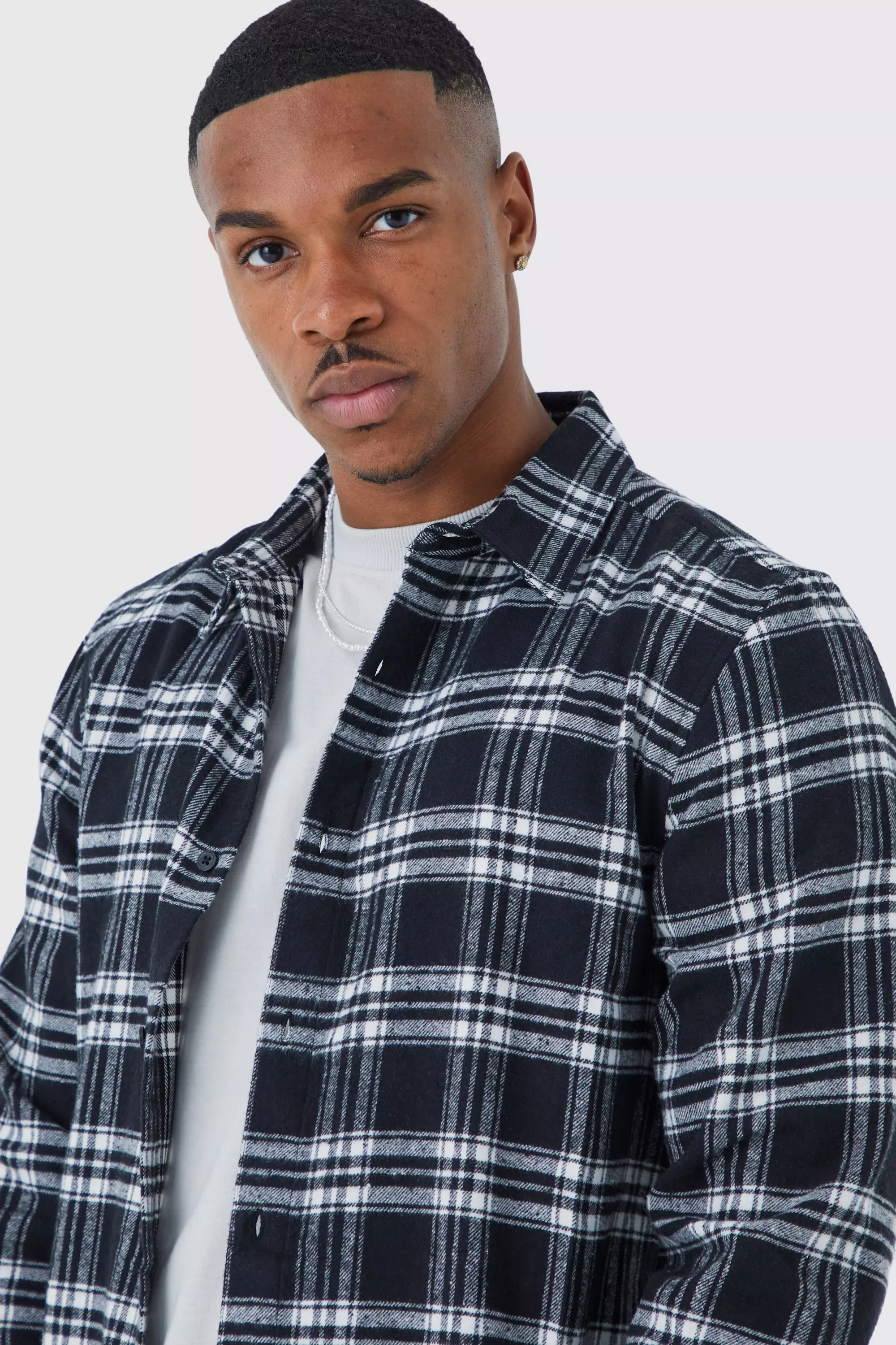 Long Sleeve Grid Check Shirt | boohooMAN UK