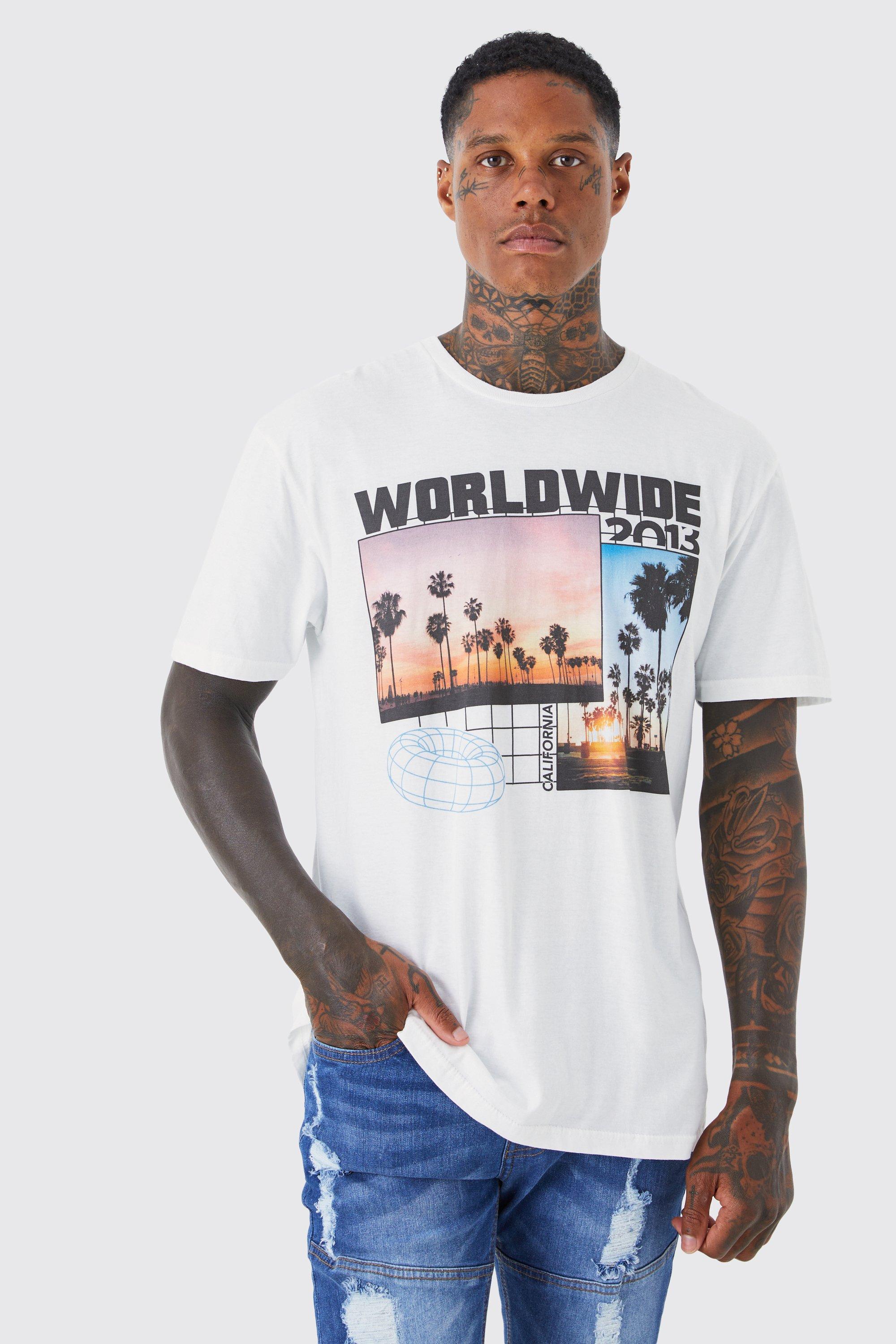 Mens White Oversized Worldwide City T-shirt, White