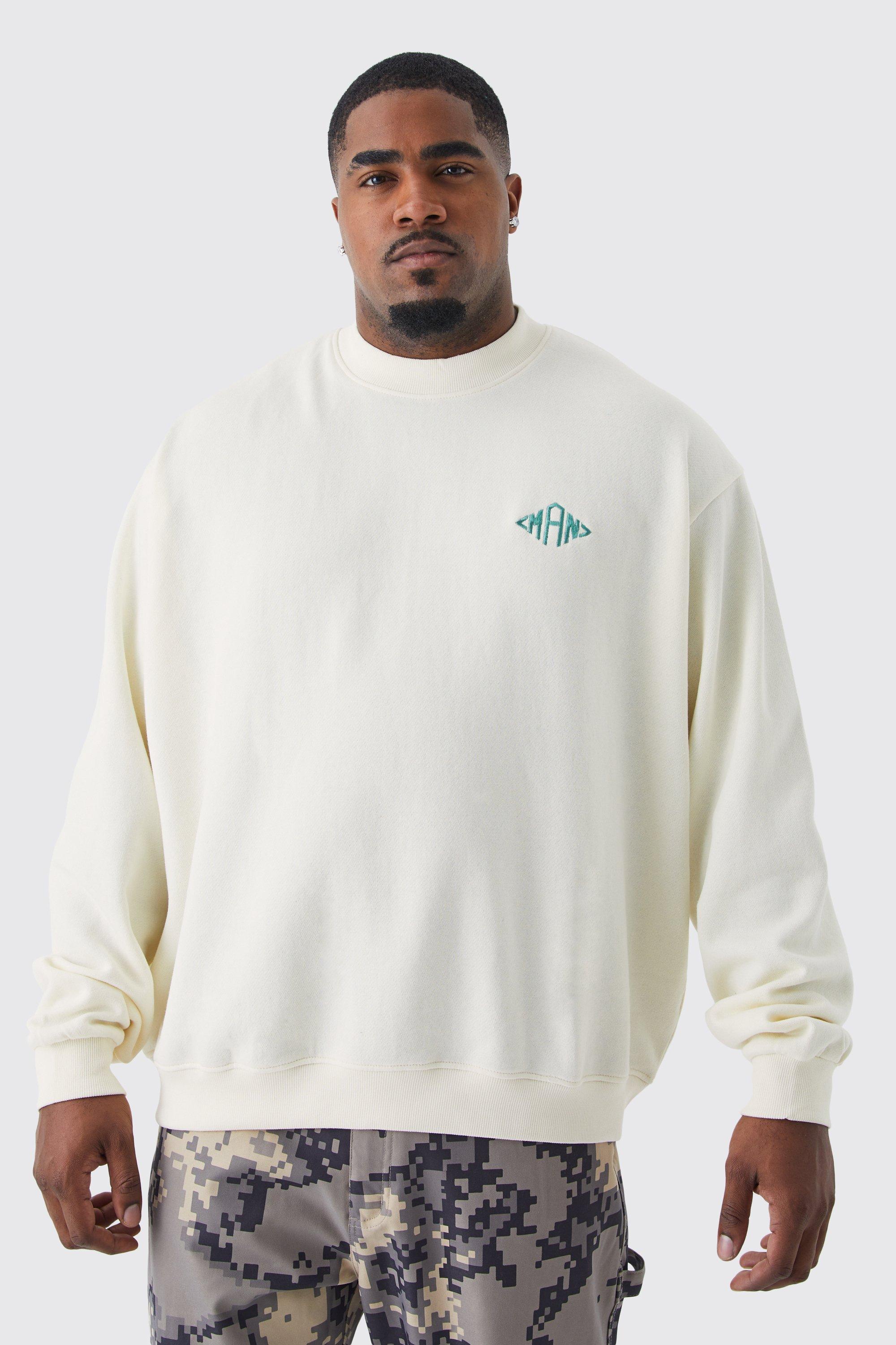 Mens Cream Plus Man Oversized Boxy Extended Neck Sweatshirt, Cream