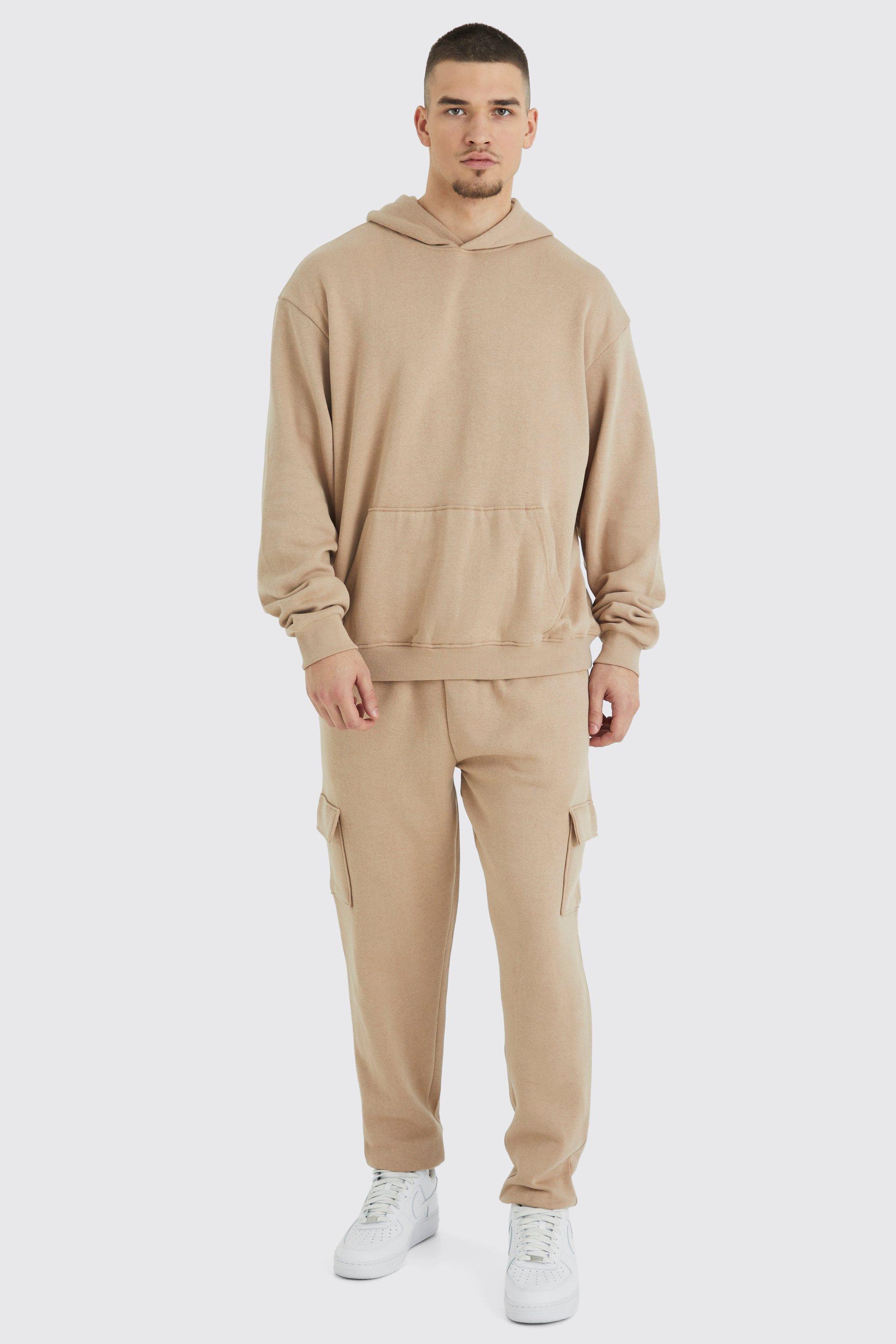 Mens Beige Tall Oversized Boxy Hooded Cargo Tracksuit, Beige