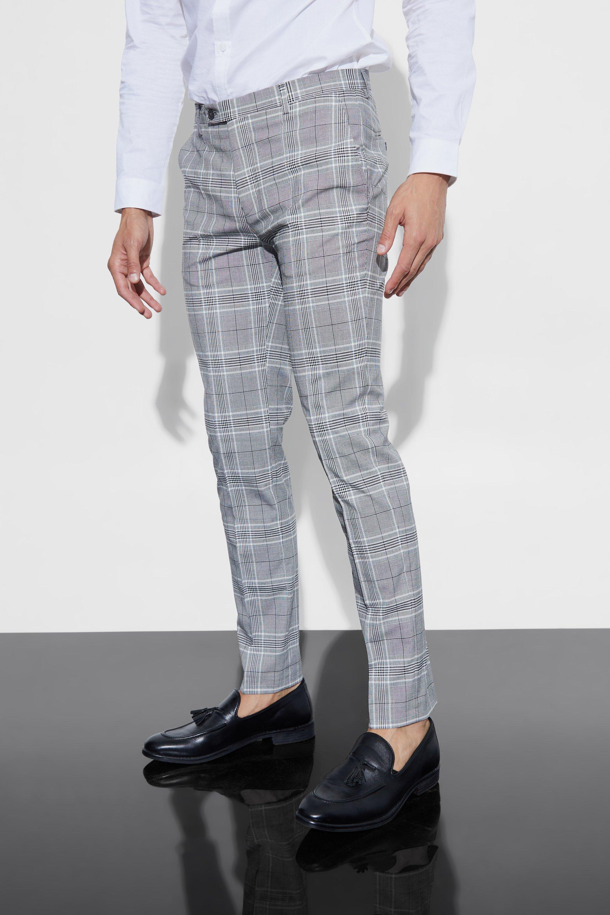 Mens Grey Skinny Tapered Smart Check Trouser with Pintuck, Grey