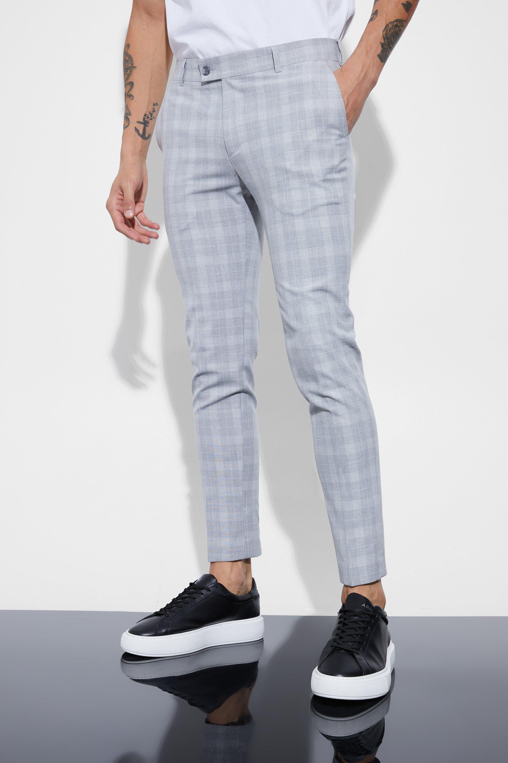 Mens Super Skinny Grey Check Cropped Trouser, Grey