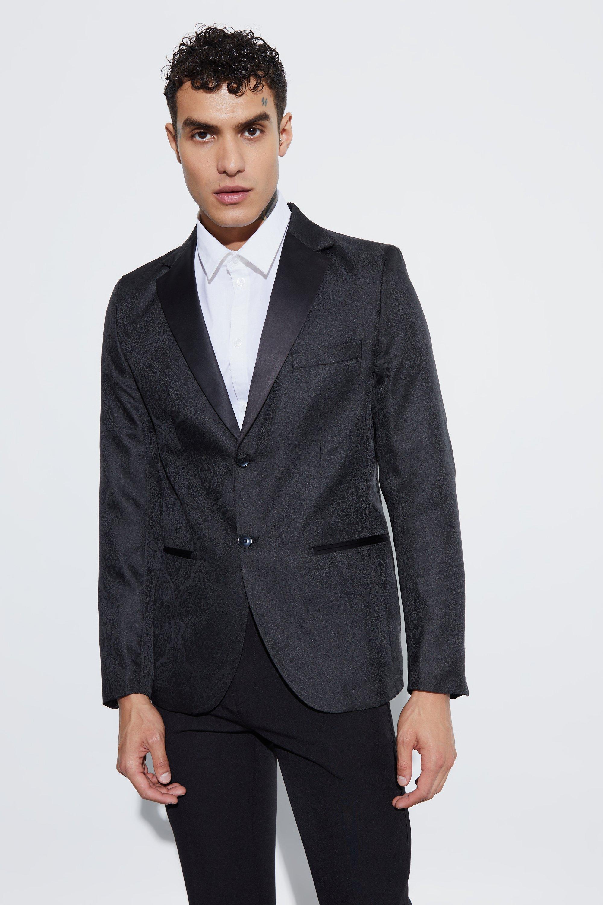 Mens Black Slim Fit Contrast Lapel Jacquard Suit Jacket, Black