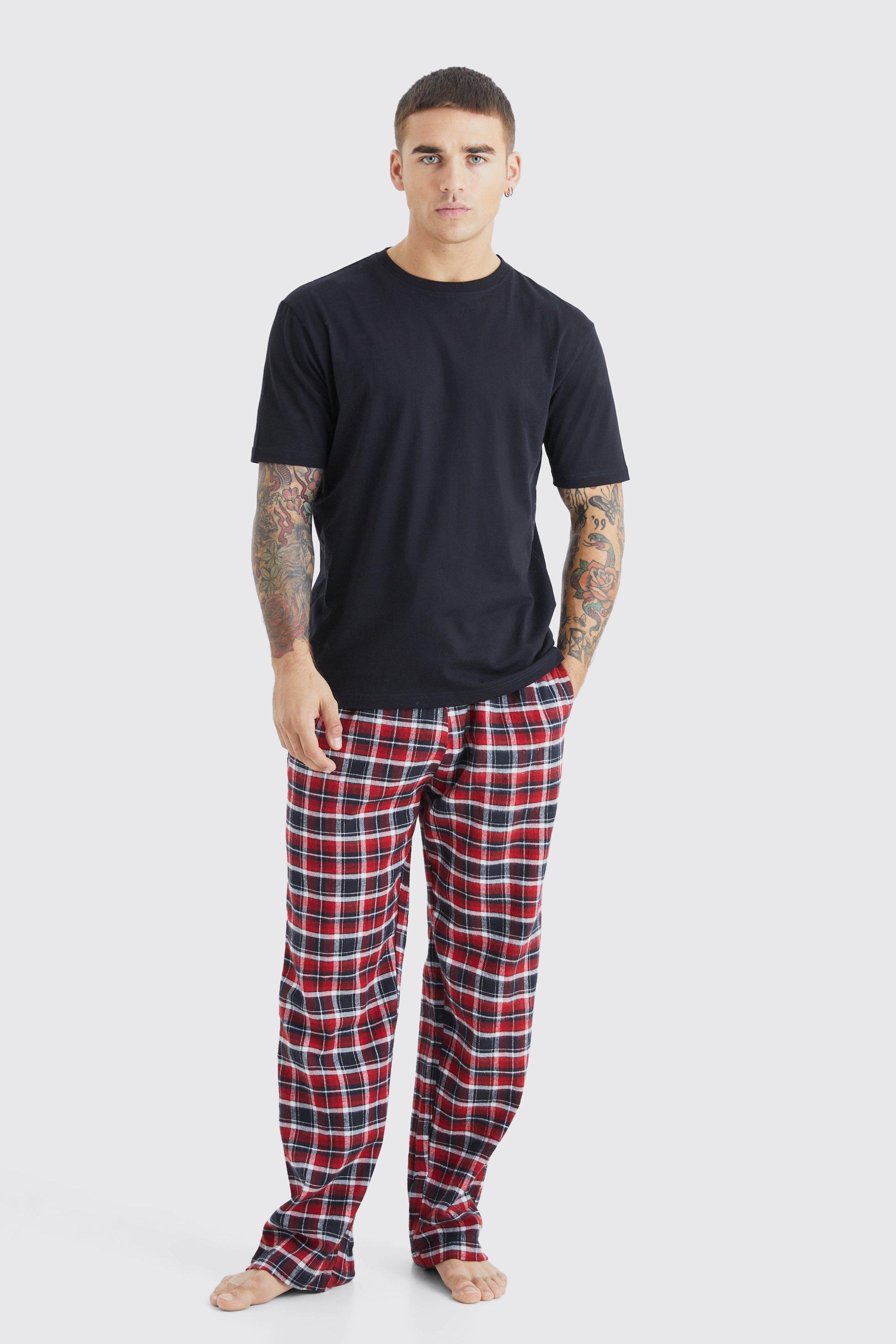 Mens Black Man Check Pyjama Bottoms And T-shirt Set, Black