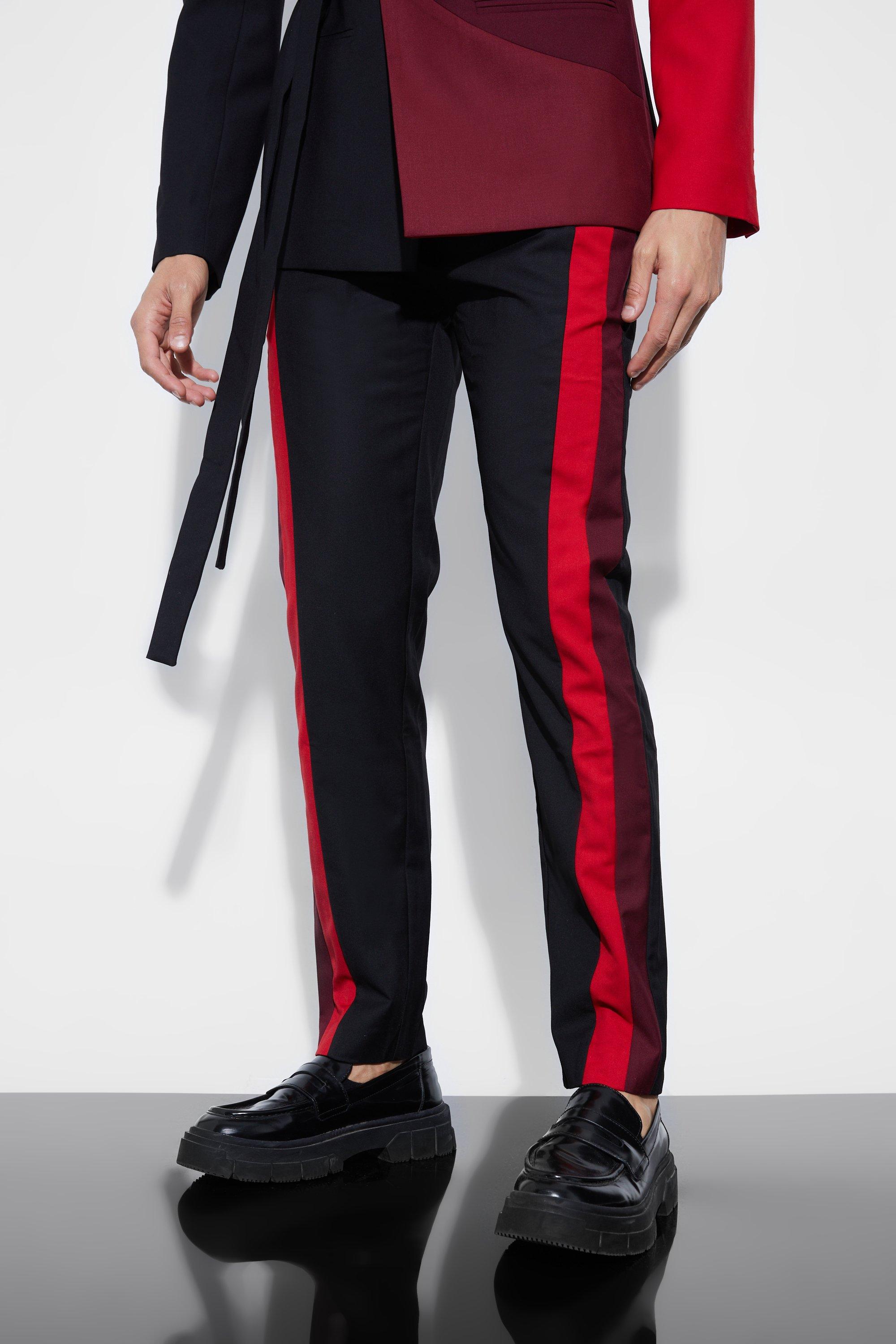 Mens Red Skinny Fit Colour Block Panel Suit Trouser, Red