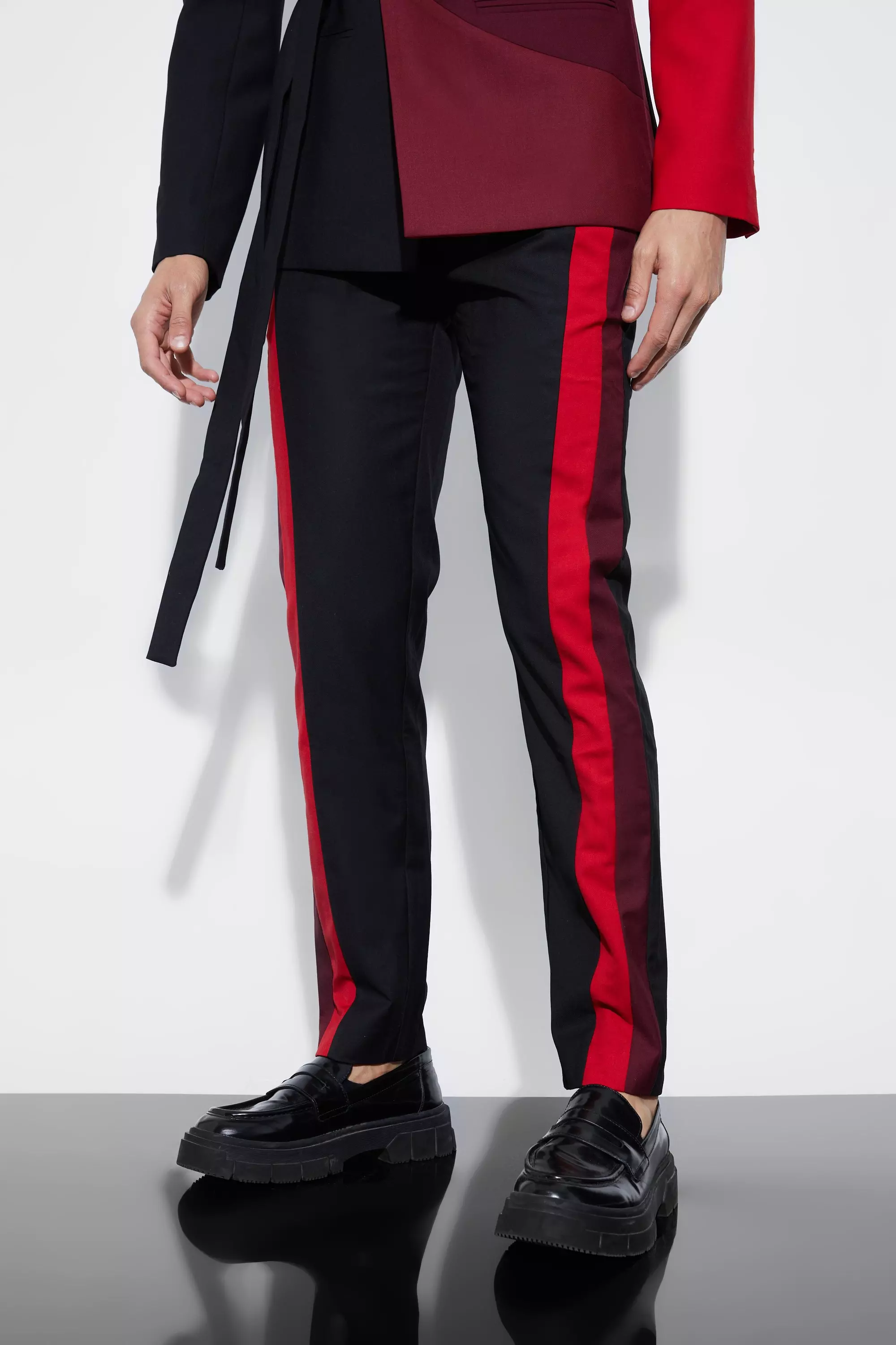 Mens black pants with best sale red stripe