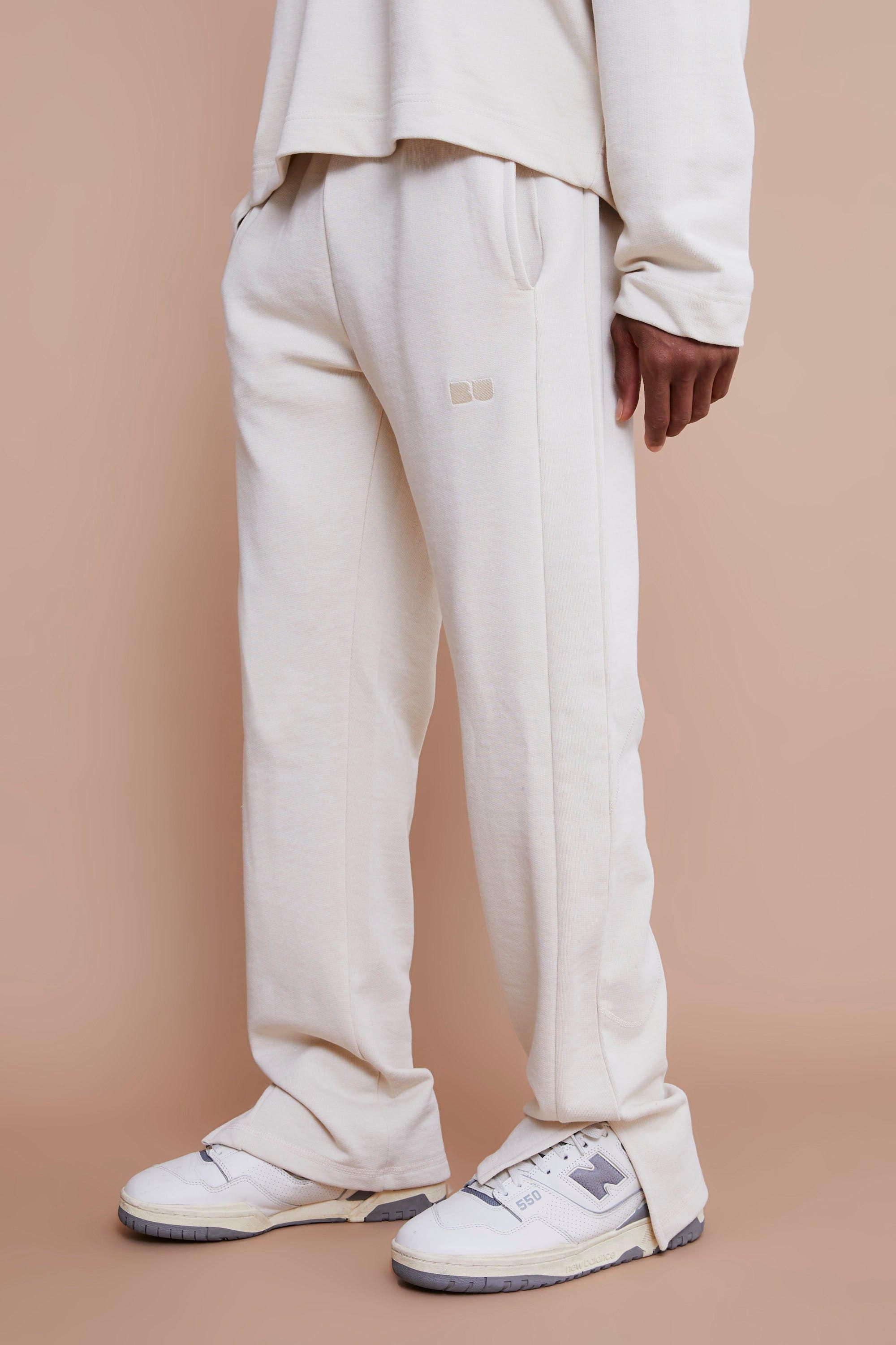 Mens Cream Regular Fit Split Hem Heavyweight Jogger, Cream