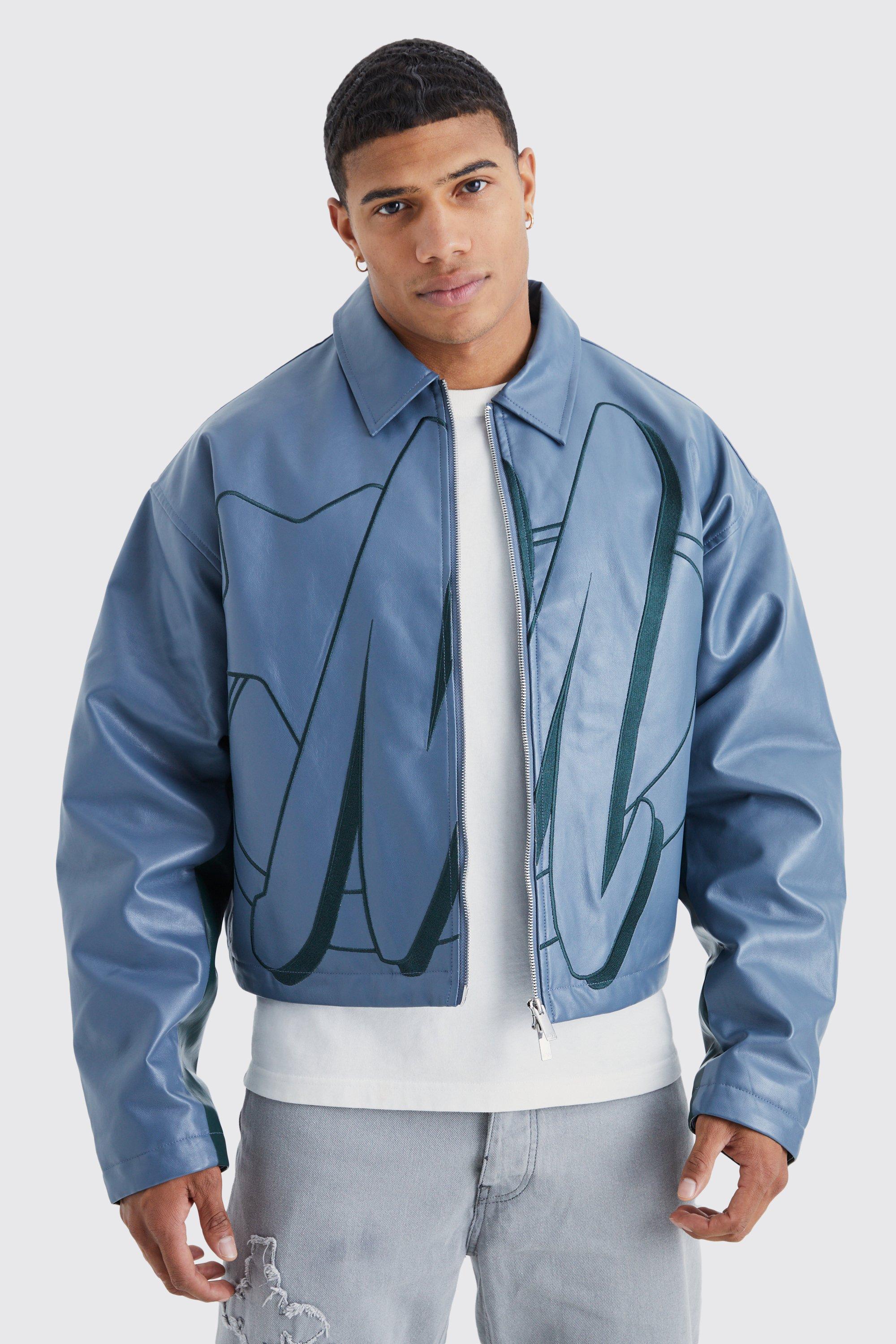 Mens Green Boxy Pu Contrast Embroidery Bomber, Green