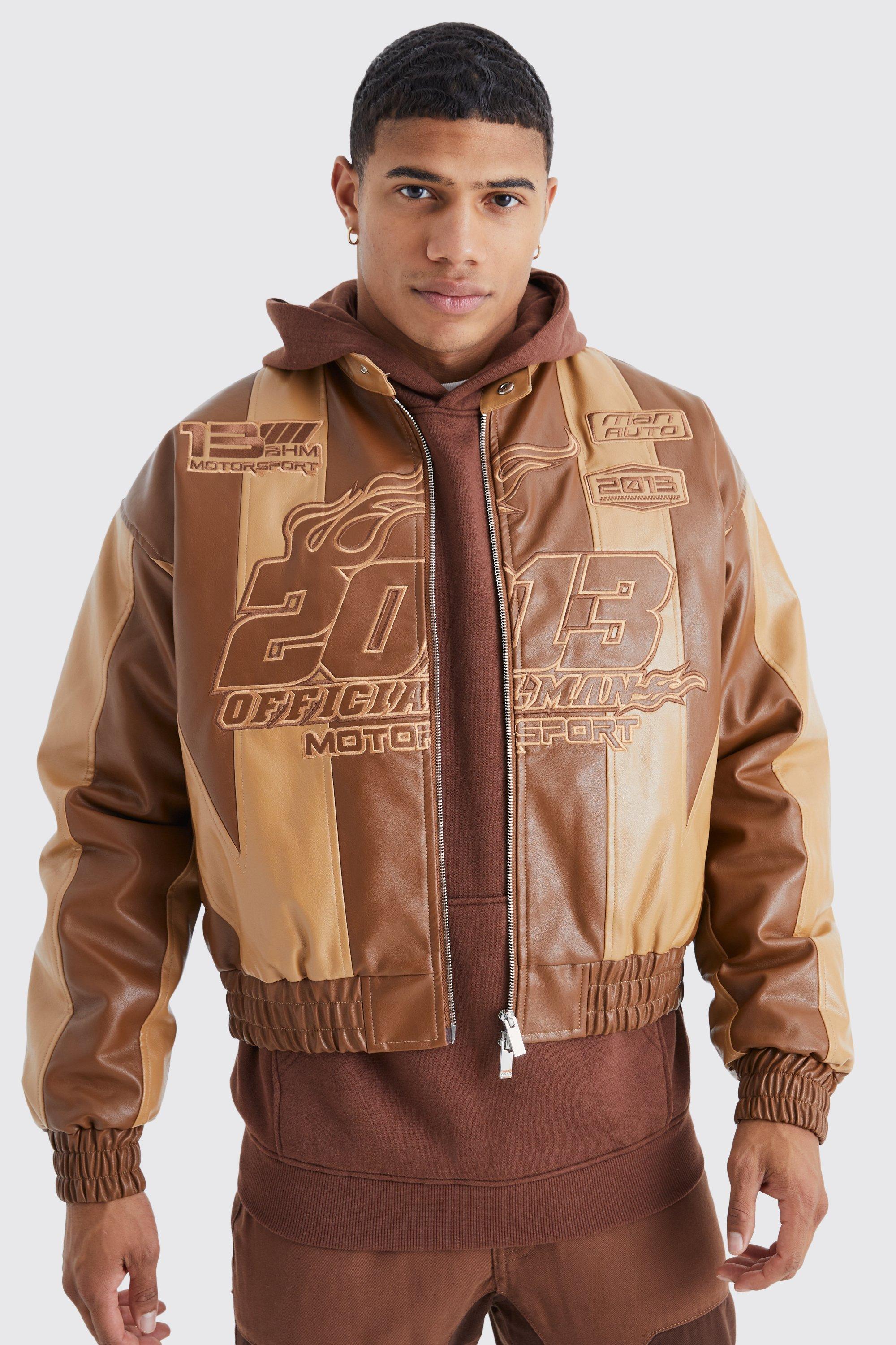 Mens Brown Boxy Pu Panelled Applique Moto Jacket, Brown