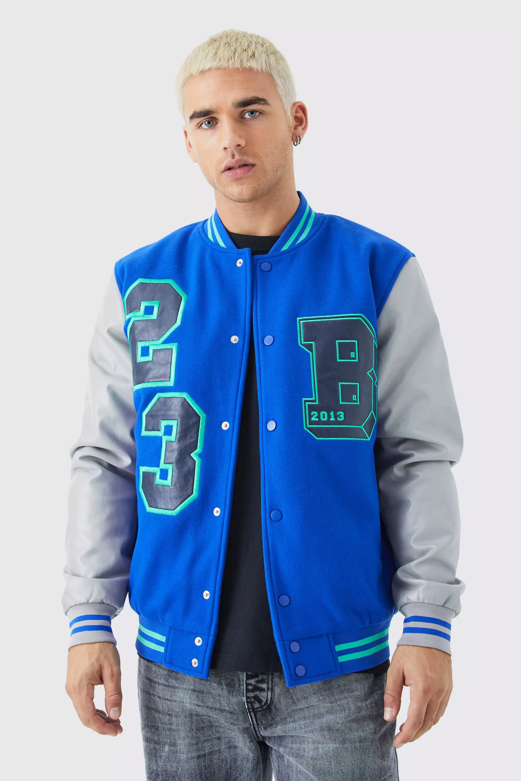 Denim varsity jacket with best sale contrast sleeves