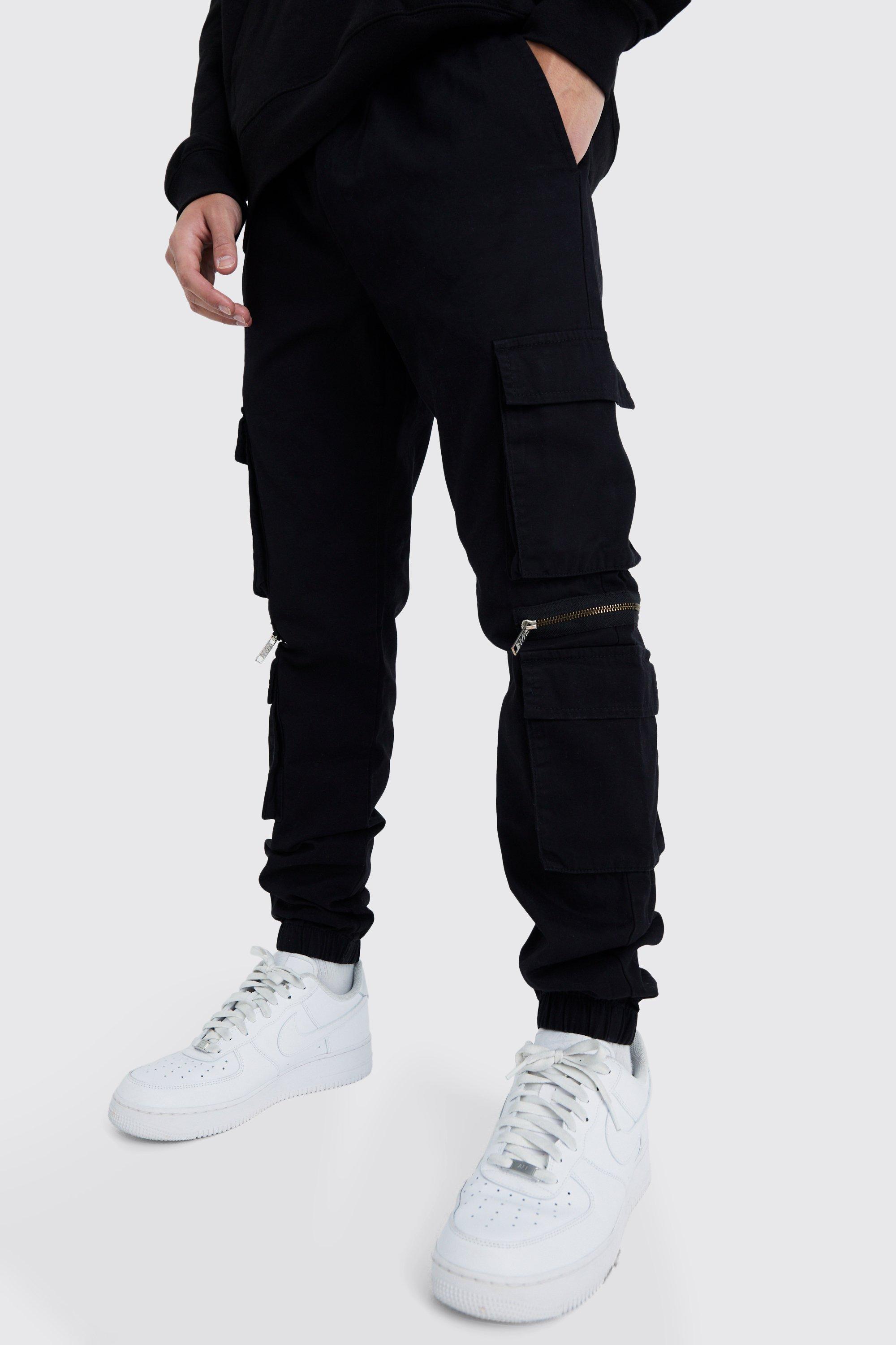 Mens Black Elastic Waist Multi Pocket Zip Cargo Trouser, Black