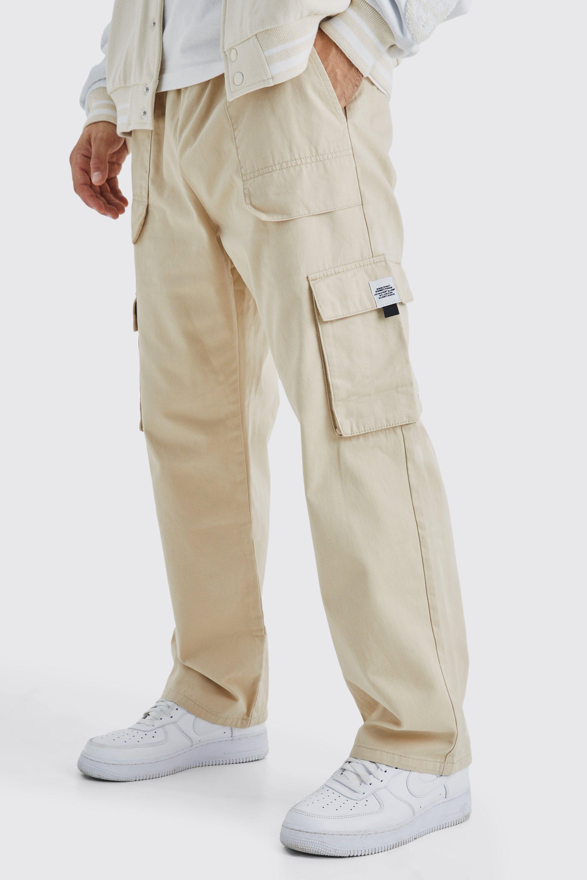 Mens Beige Elasticated Waist Relaxed Fit Cargo Trouser, Beige