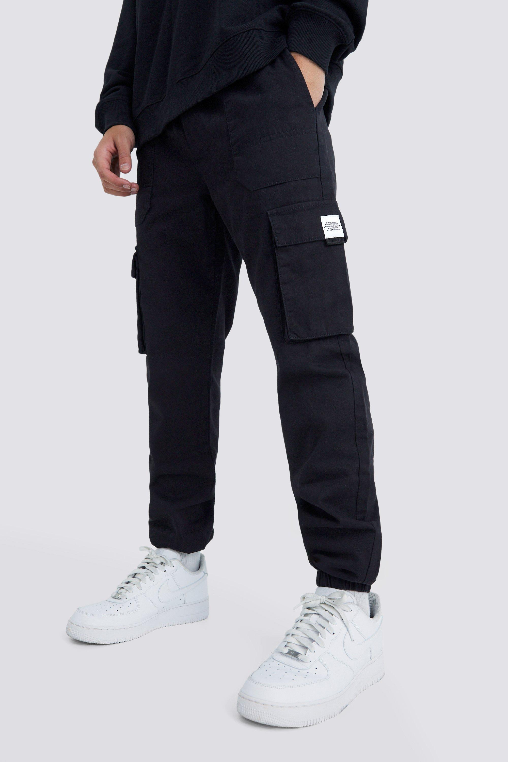 Mens Black Elasticated Waist Slim Fit Buckle Cargo Trouser, Black