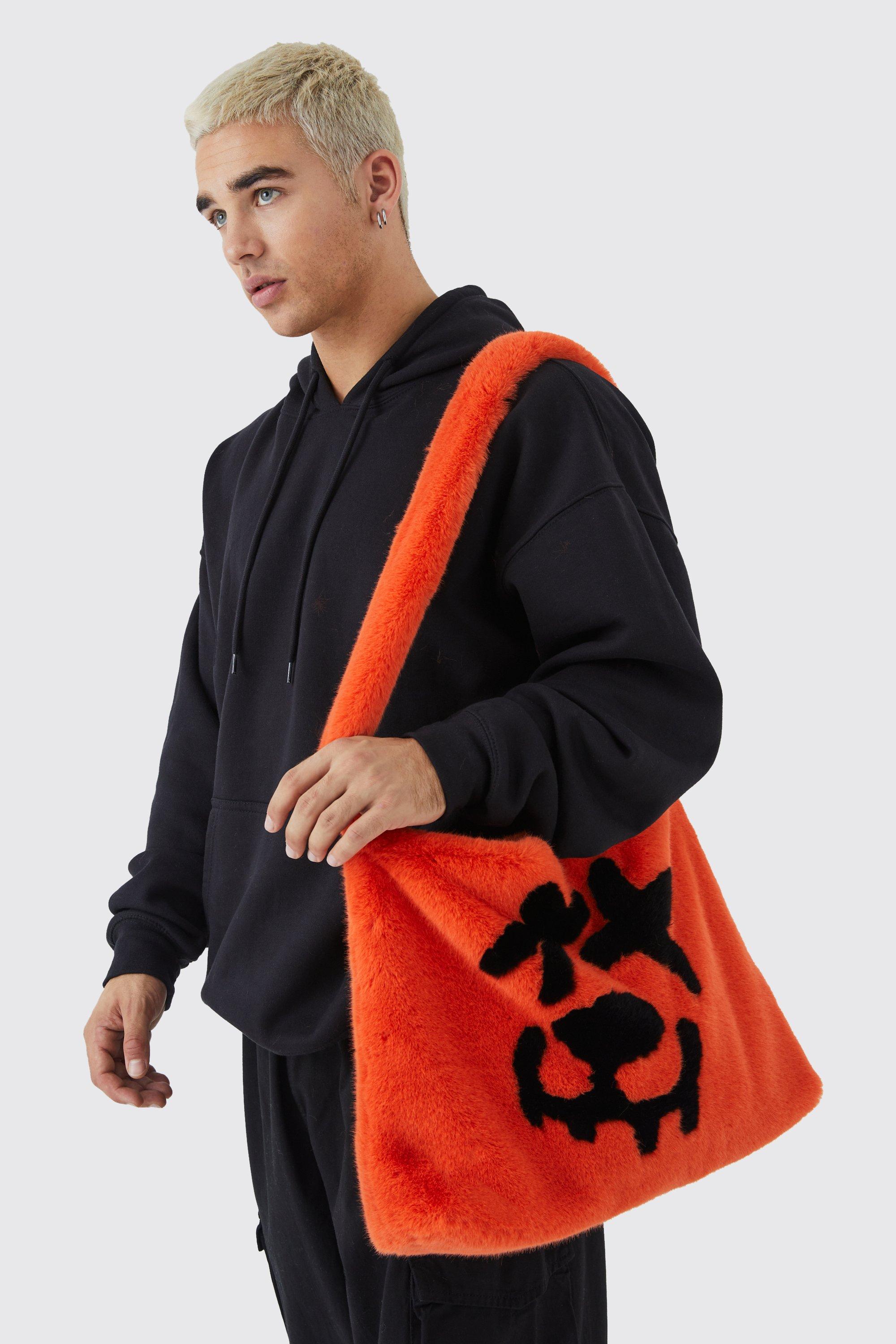 Mens Orange Faux Fur Graphic Sling Bag, Orange