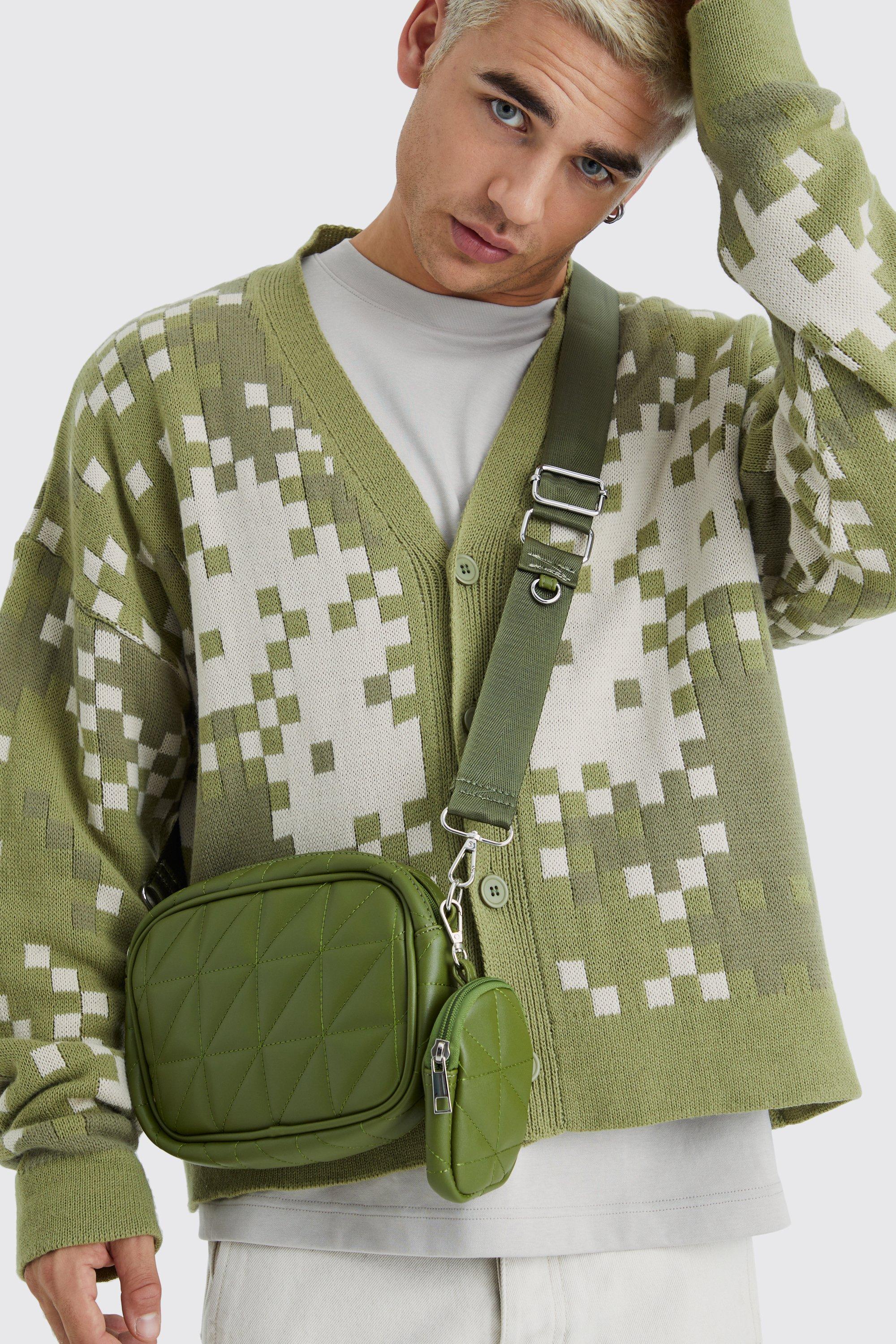 men's quilted cross body bag with attachment - green - one size, green