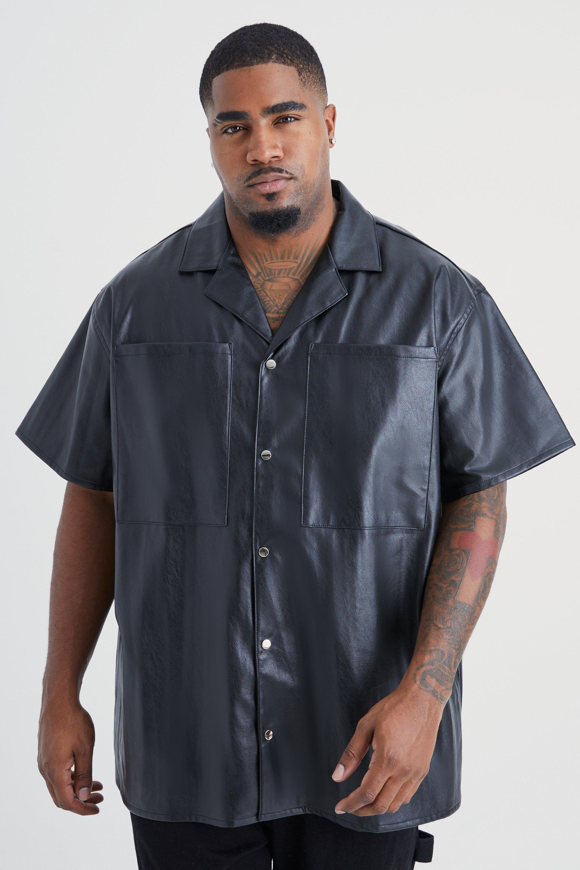 Mens Black Plus Short Sleeve Oversized Pu Star Embroidery Shirt, Black