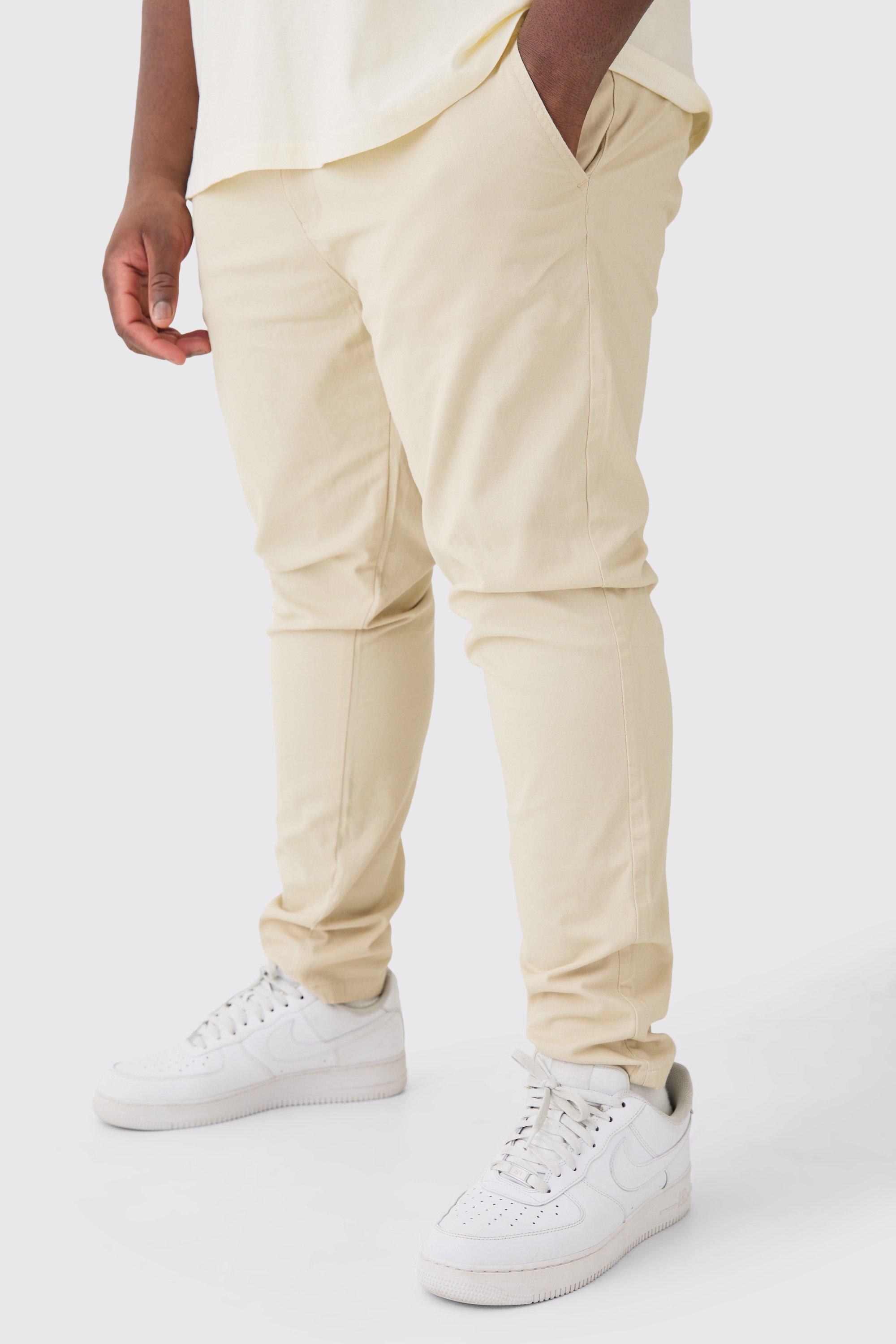Mens Beige Plus Fixed Waist Skinny Chino Trouser, Beige