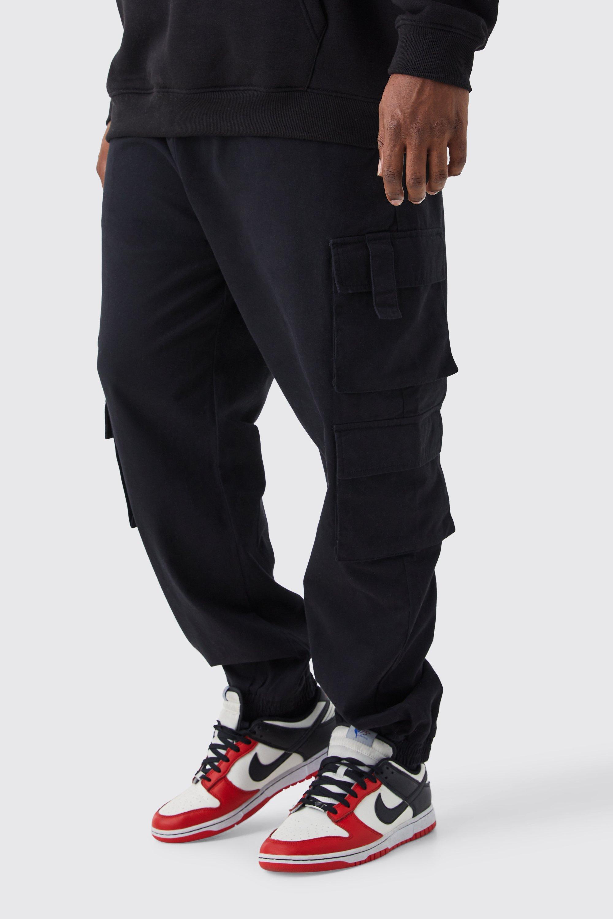 Mens Black Plus Slim Fit Cuffed Multi Cargo Pocket Trousers, Black