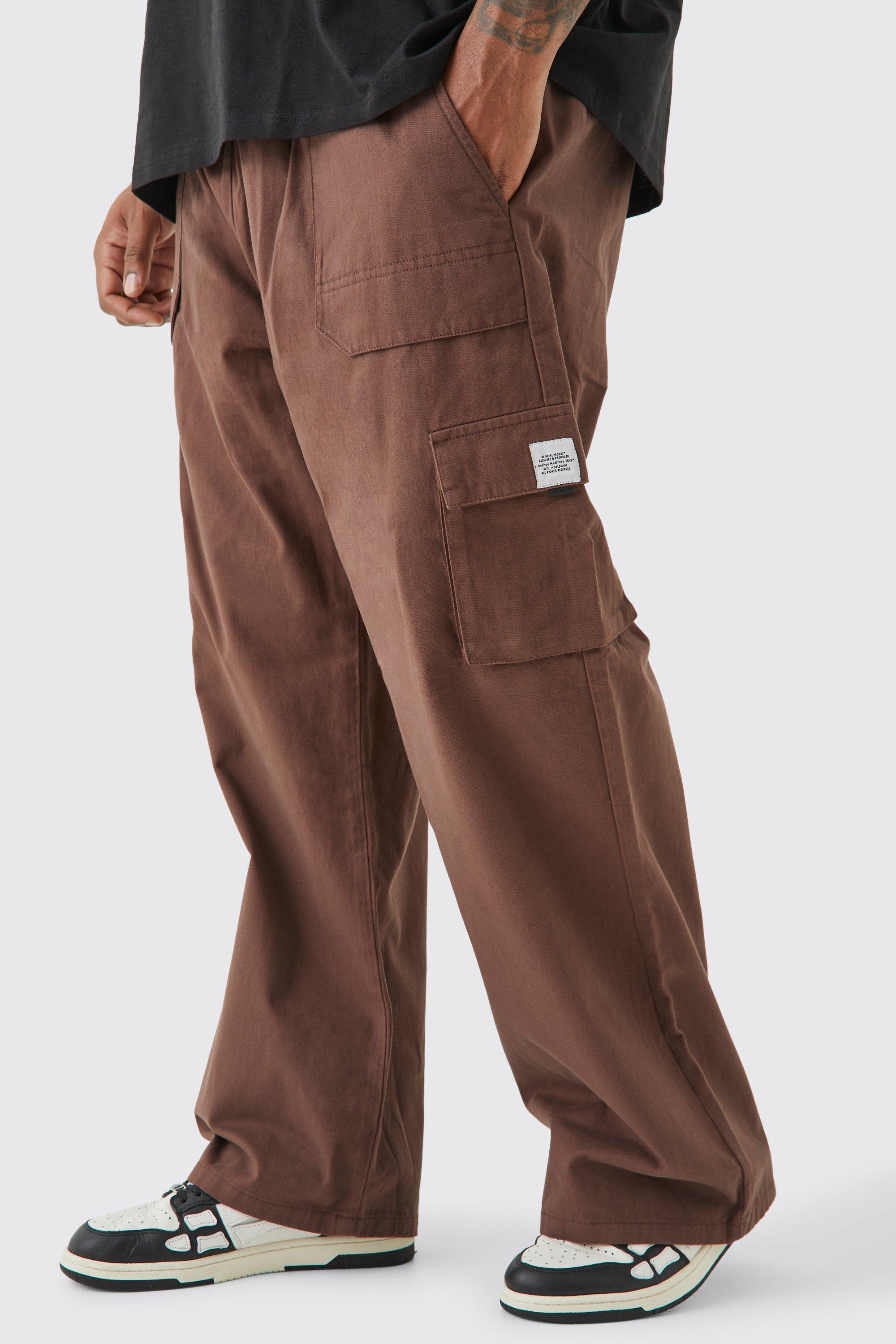 Mens Brown Plus Elasticated Waist Relaxed Fit Cargo Trousers, Brown