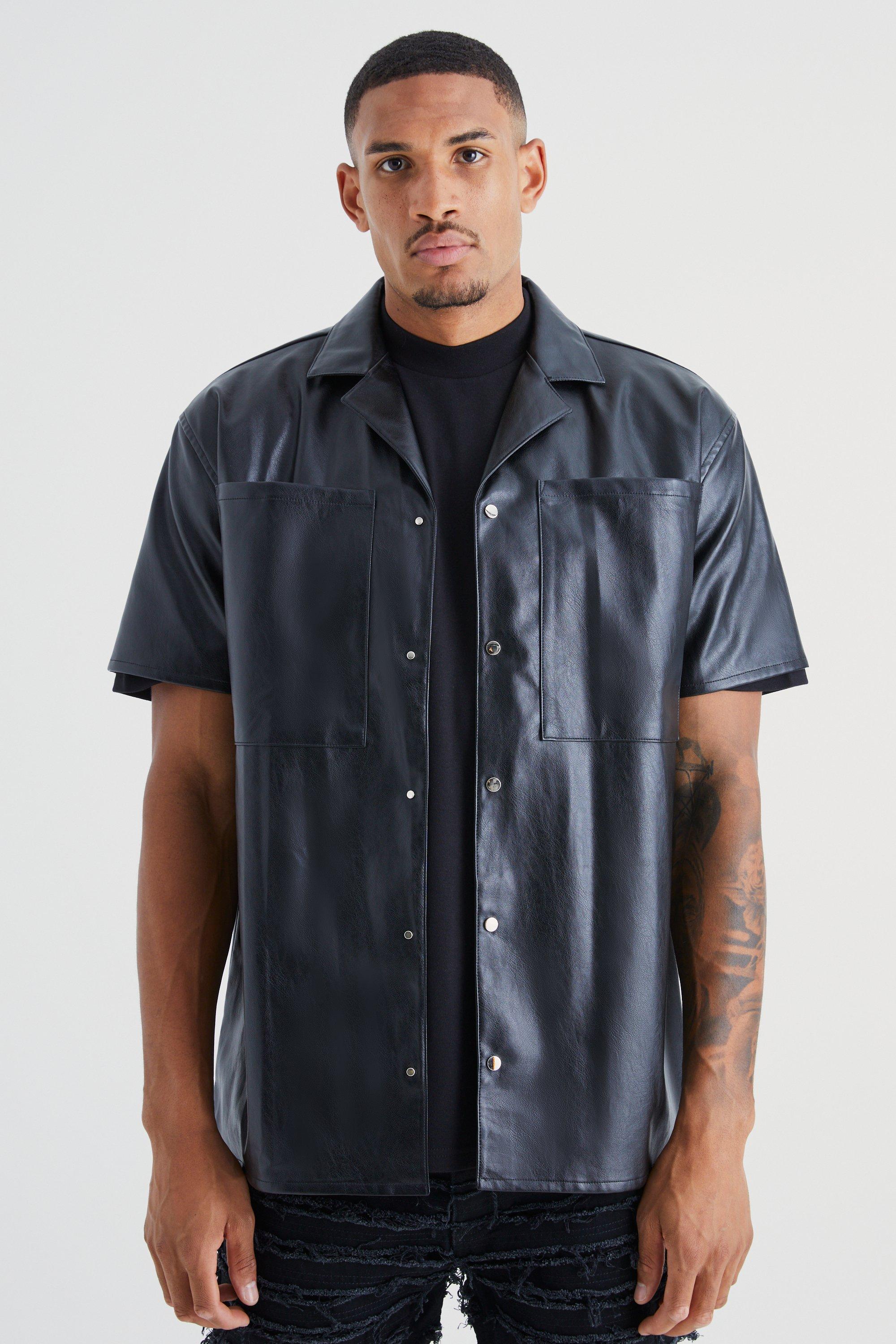 Mens Black Tall Short Sleeve Oversized Pu Star Embroidery Shirt, Black