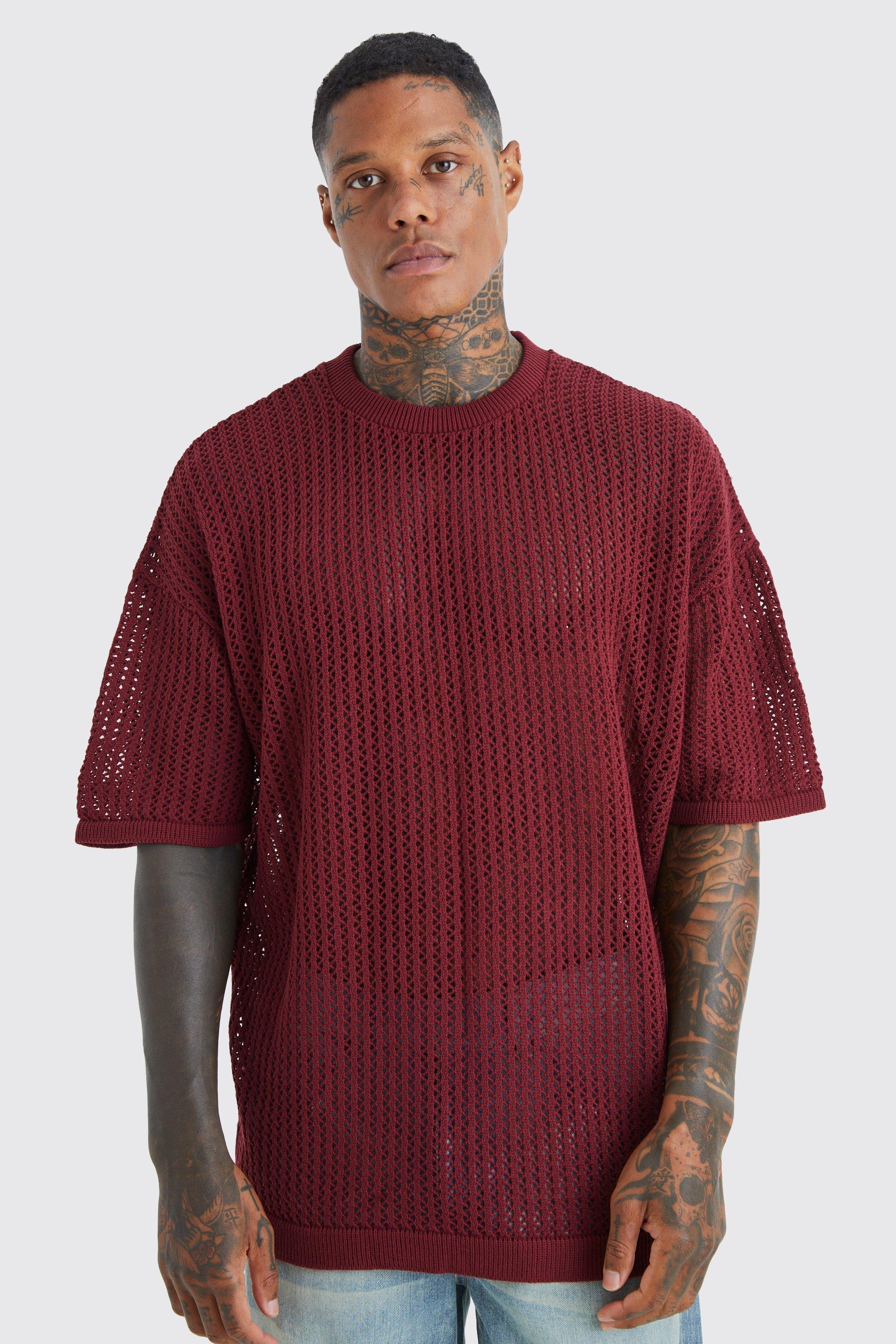 Mens Red Oversized Drop Shoulder Open Stitch T-shirt, Red