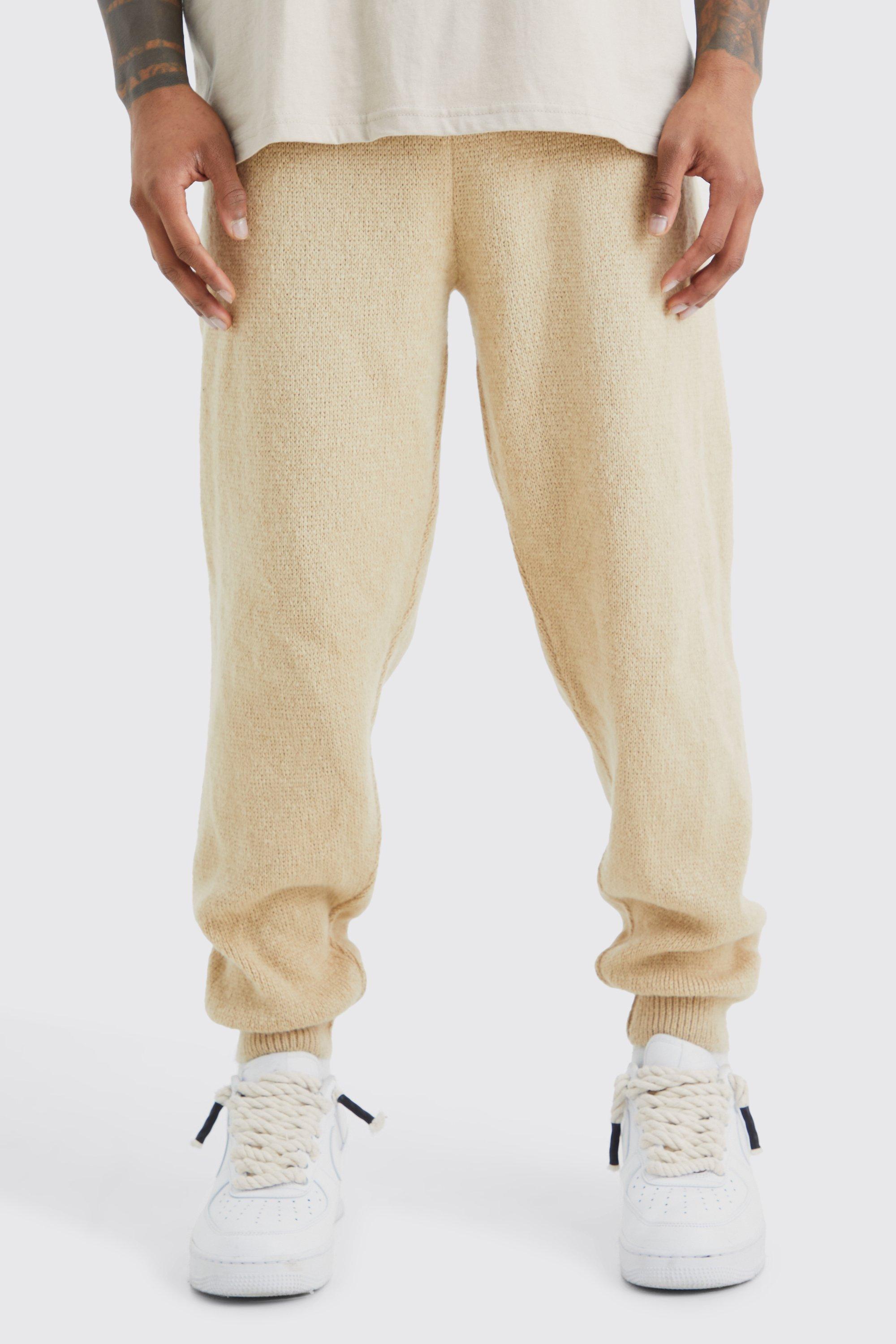 Mens Cream Brushed Ribbed Knitted Joggers, Cream