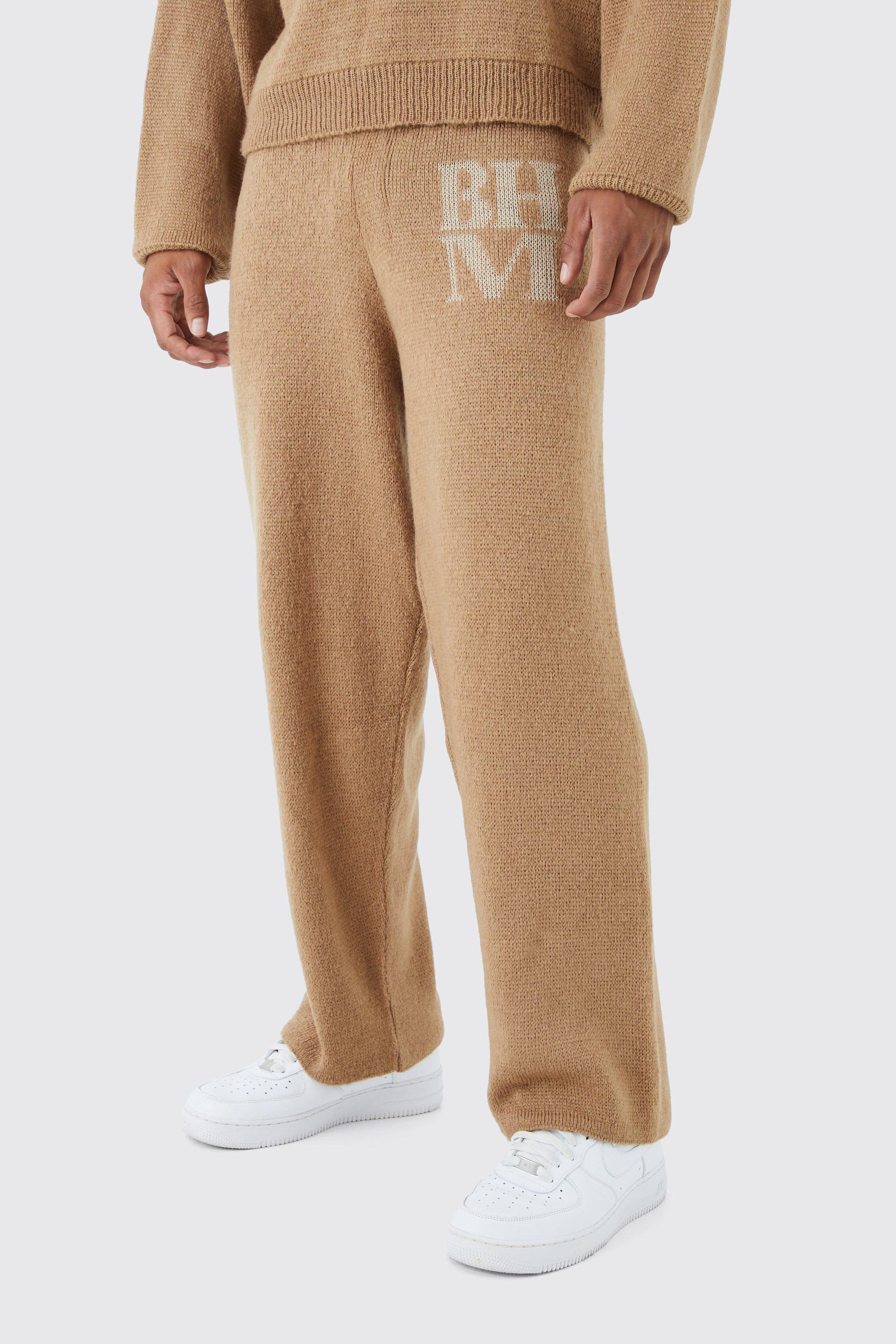 Mens Beige Wide Leg Brushed Bhm Knitted Joggers, Beige