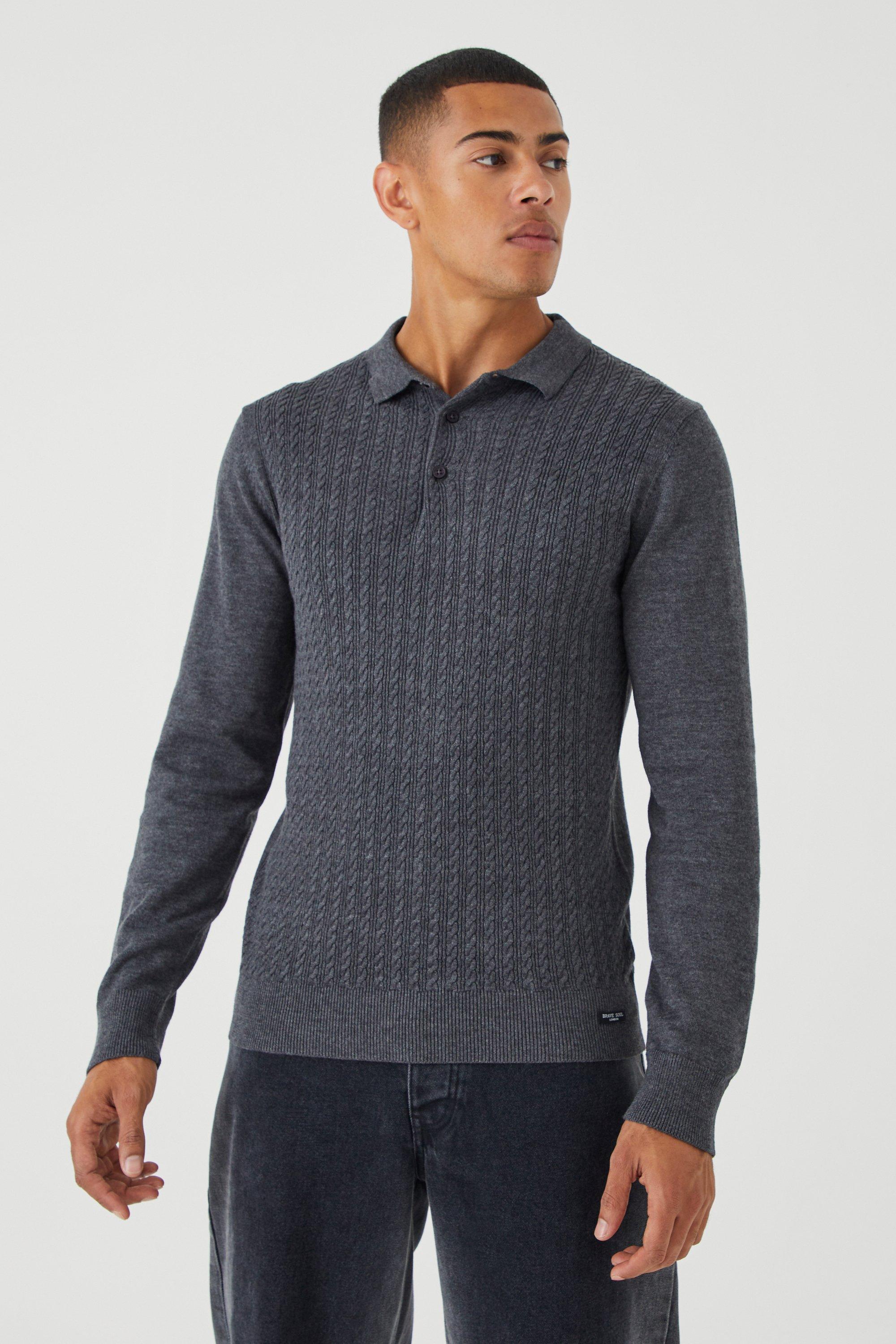 Mens Grey Long Sleeve Cable Knitted Polo, Grey