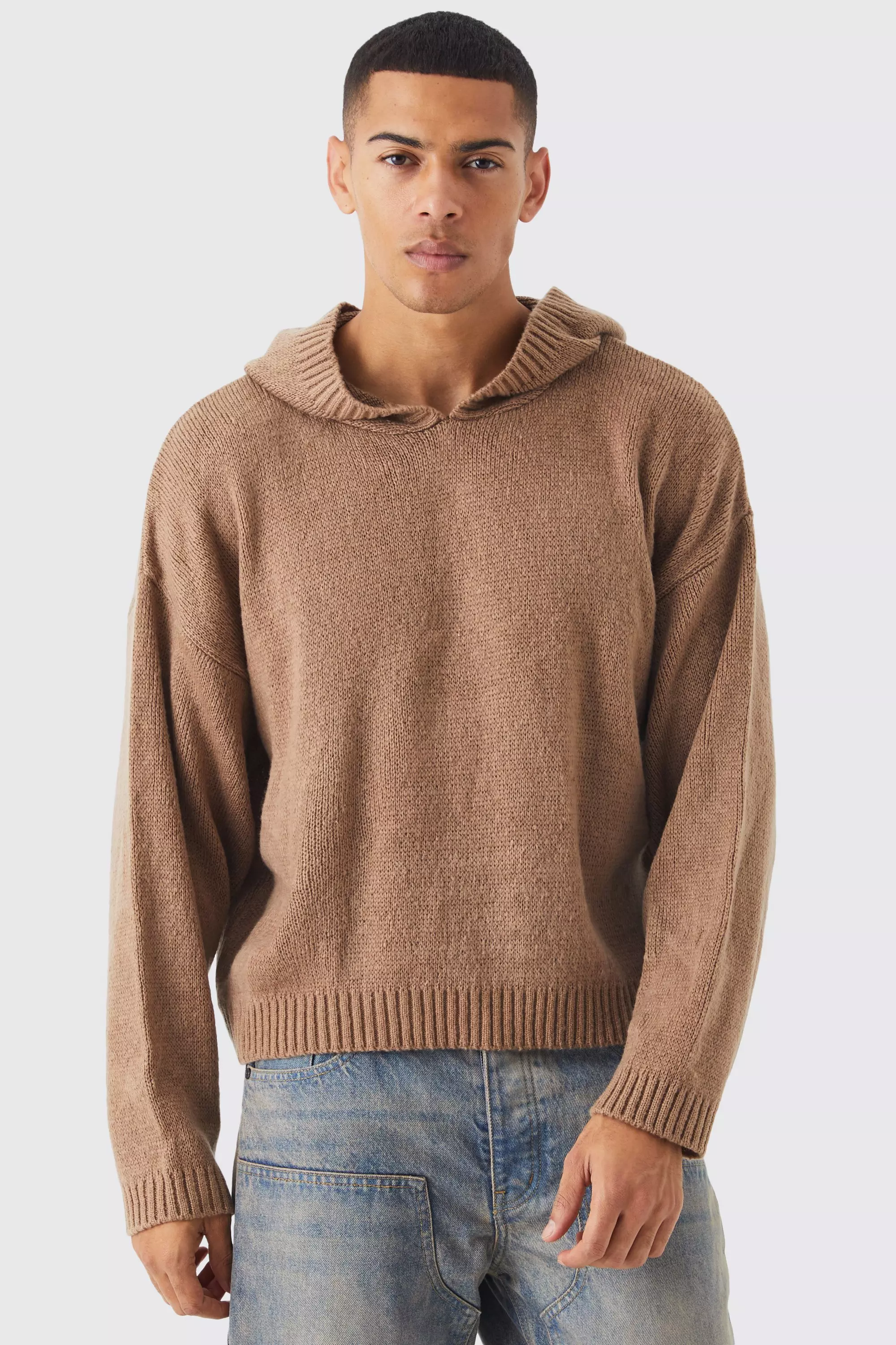 Boxy Brushed Ribbed Knitted Hoodie boohooMAN USA