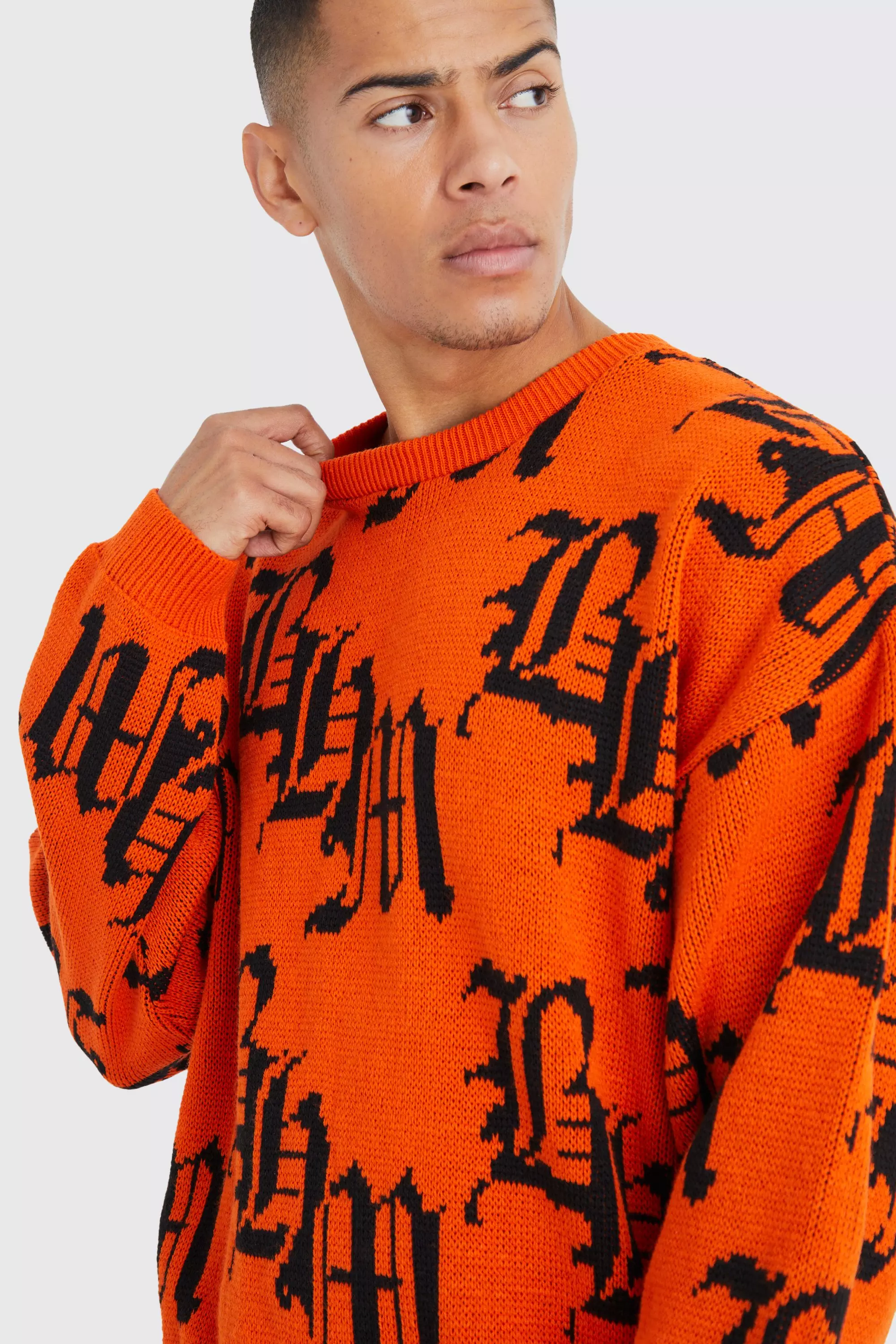 boohooMAN Boxy All Over Print Knitted Jumper - Orange - Size XL
