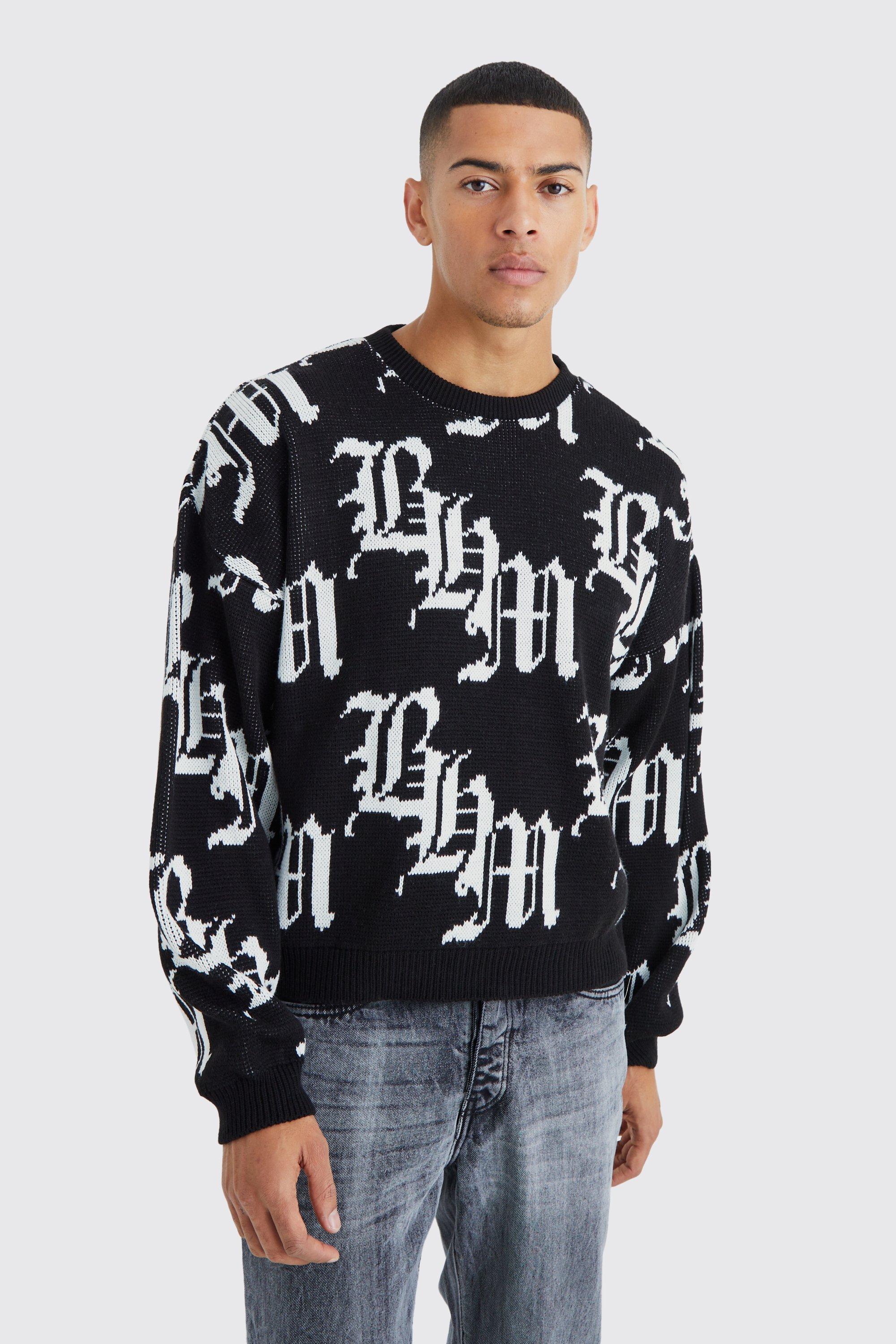 Mens Black Boxy All Over Print Knitted Jumper, Black