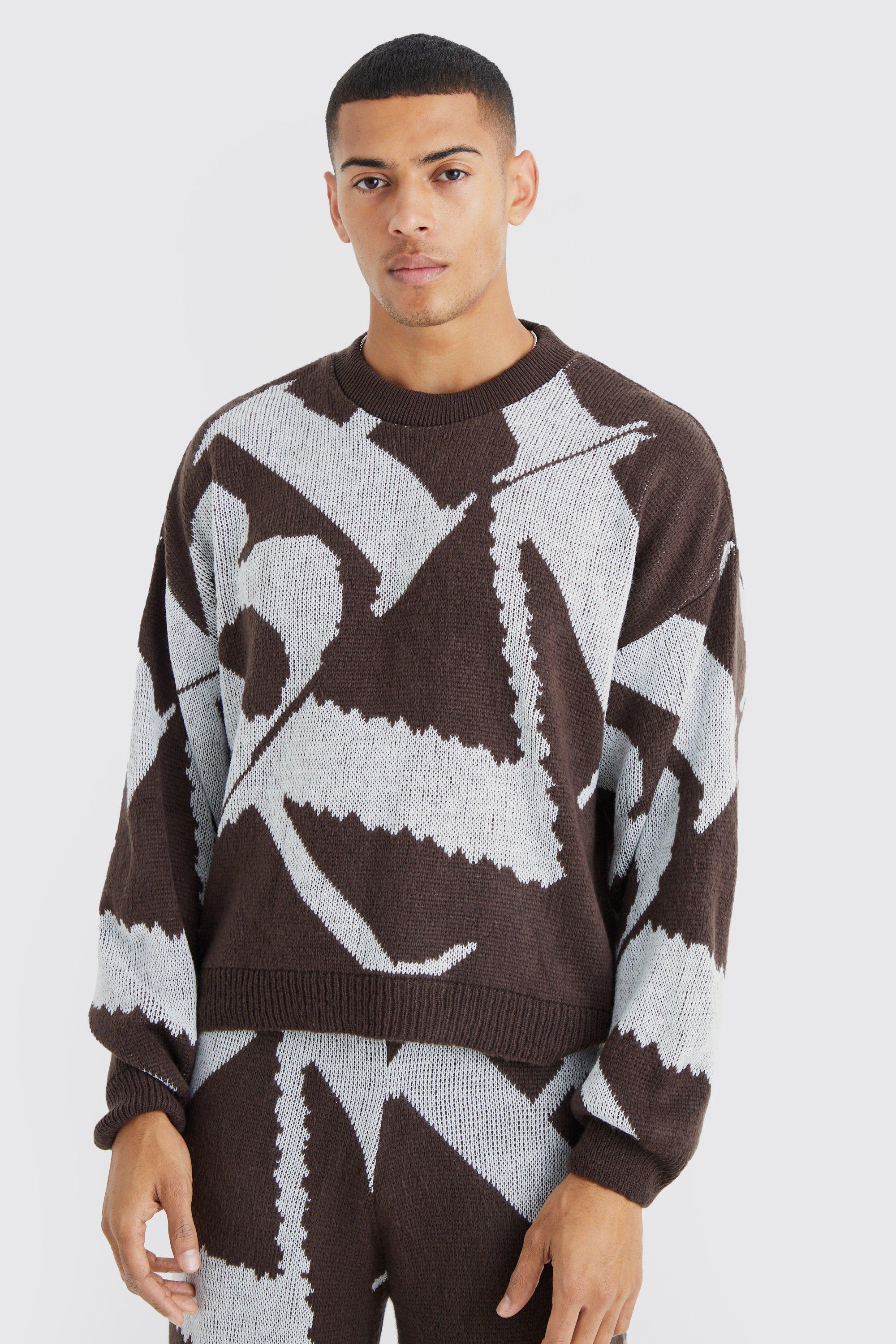 Mens Brown Boxy Brushed Jacquard Knitted Jumper, Brown