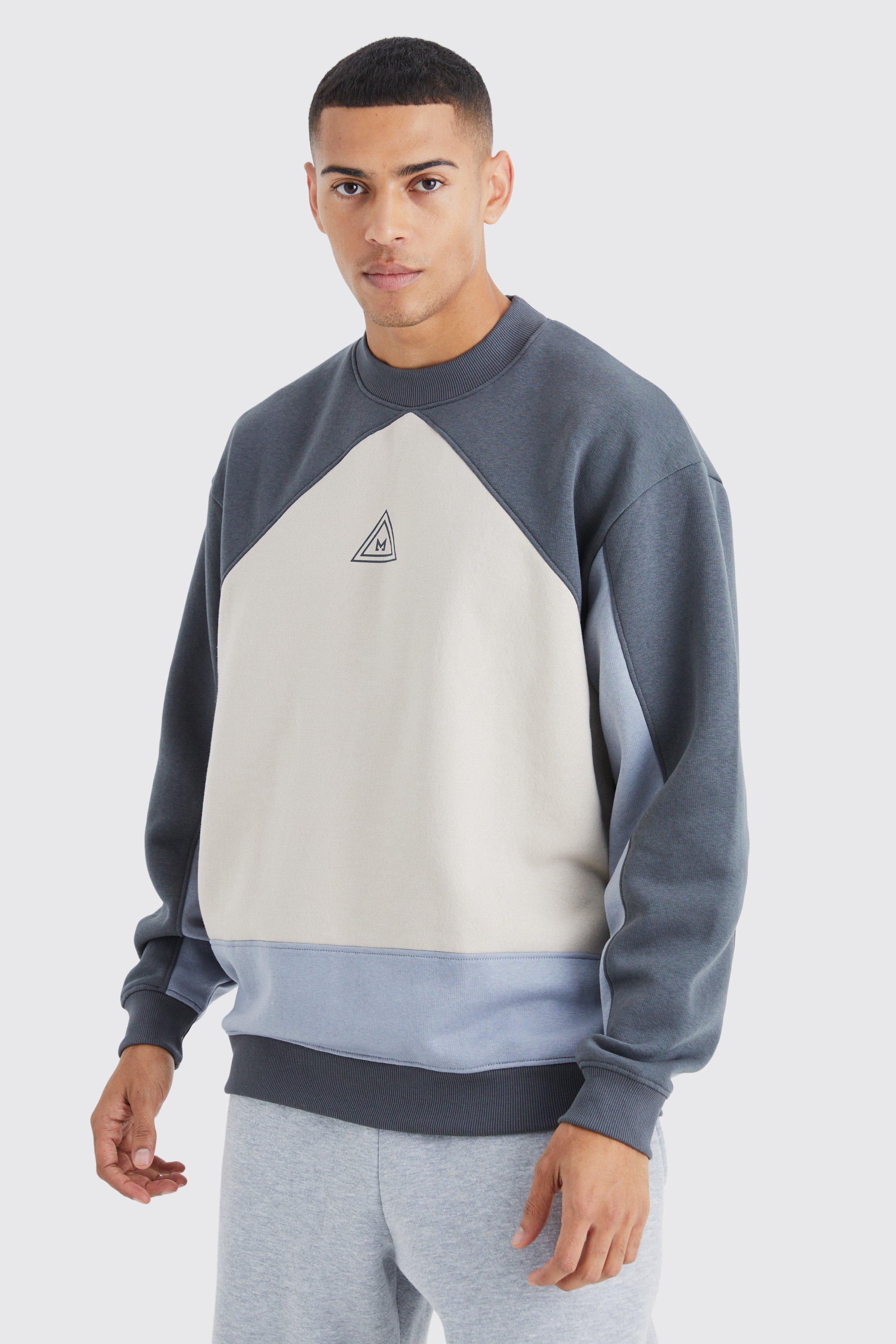 Mens Grey Oversized Extended Neck Branded Colour Block Sweatshirt, Grey