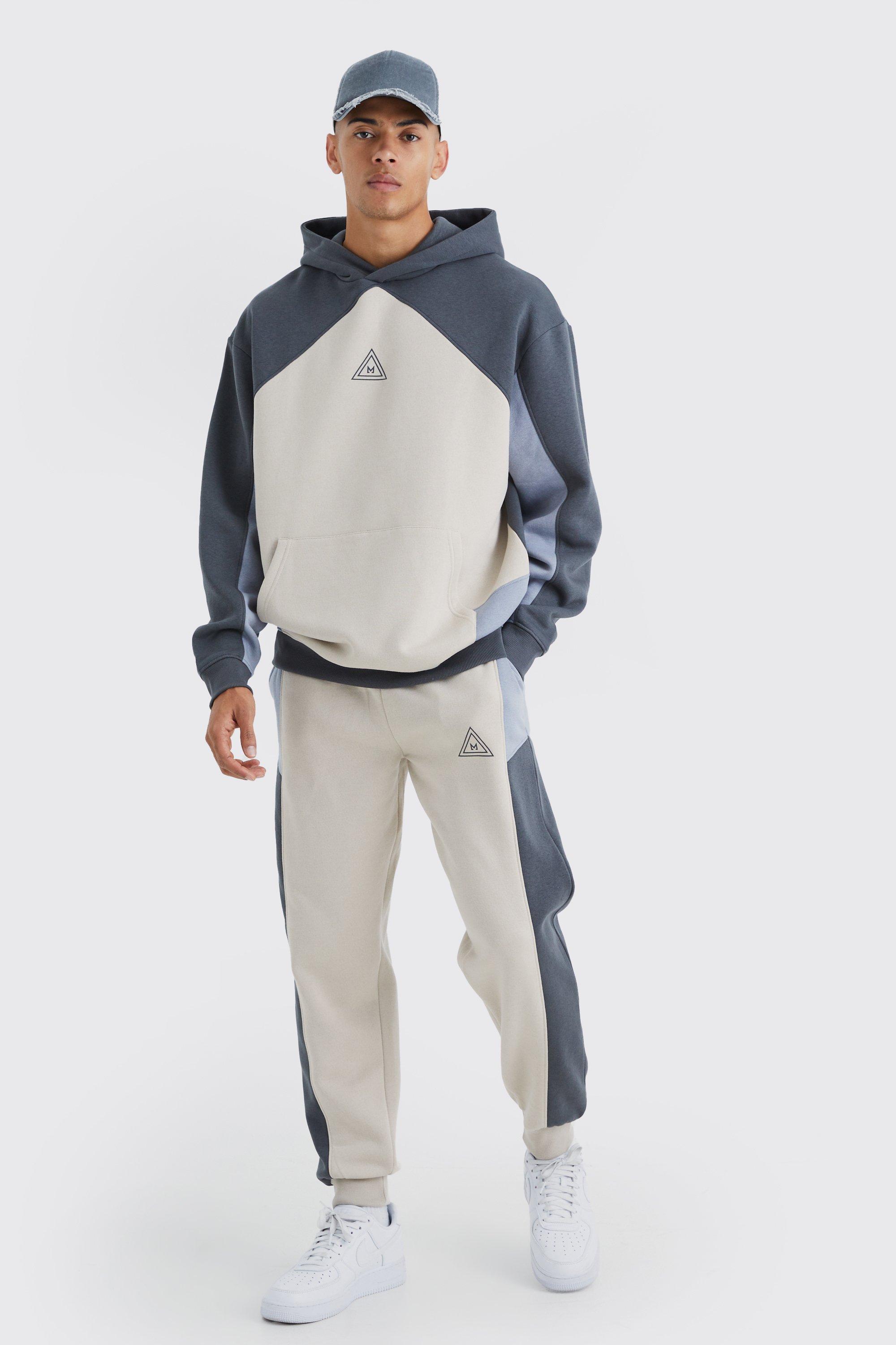 Mens Grey Oversized Branded Colour Block Hooded Tracksuit, Grey